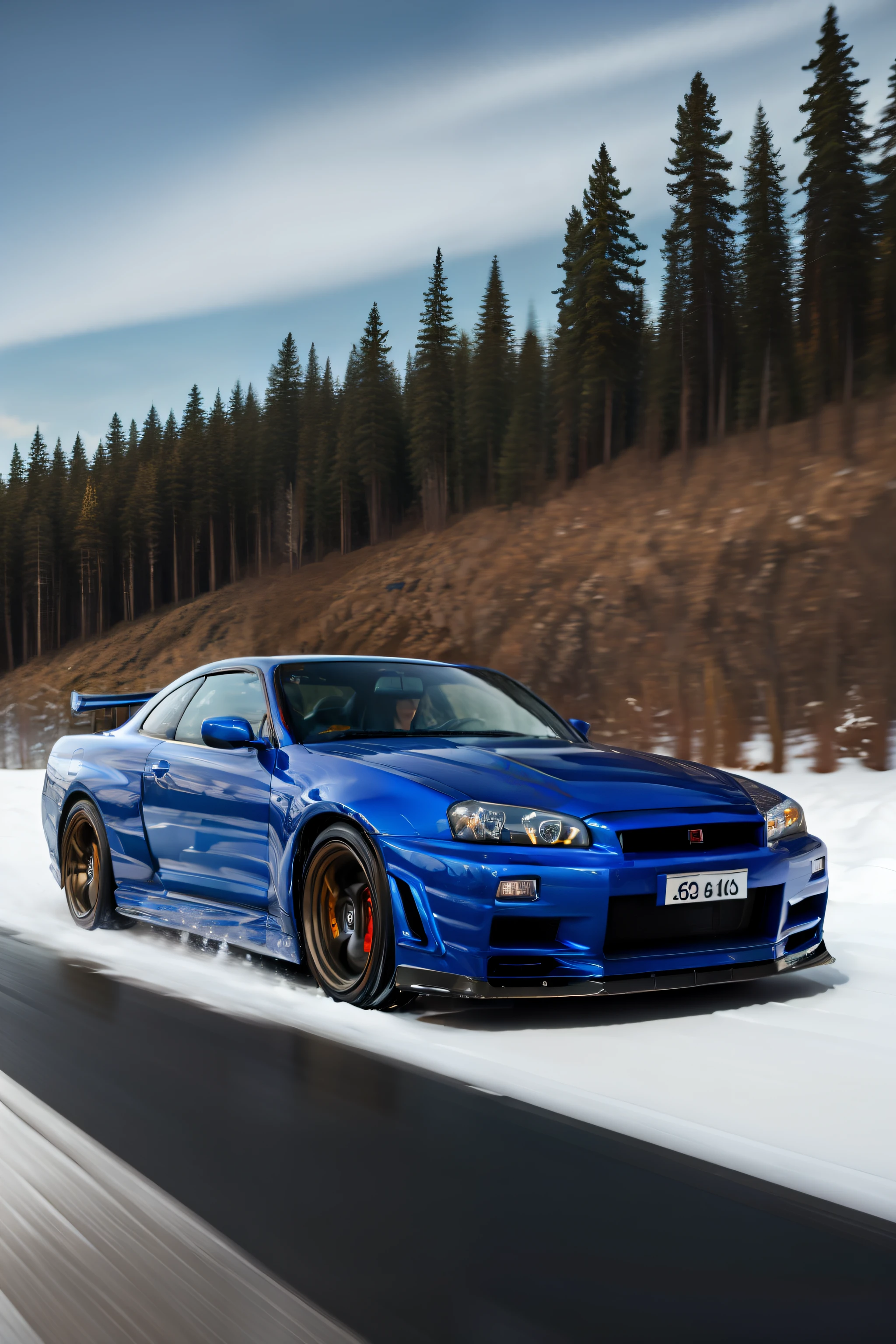 masterpiece,best quality,official art,extremely detailed CG unity 8k wallpaper,illustration,light,official art,extremely detailed CG unity 8k wallpaper,illustration,day, in winter,snow, beautiful detailed sky, light,forest,highway, outdoors,1car, (car:1), ground vehicle, sports car, nissan, GTR, skylineR34, Silver wheels,vehicle focus,need for speed,moving,wet,