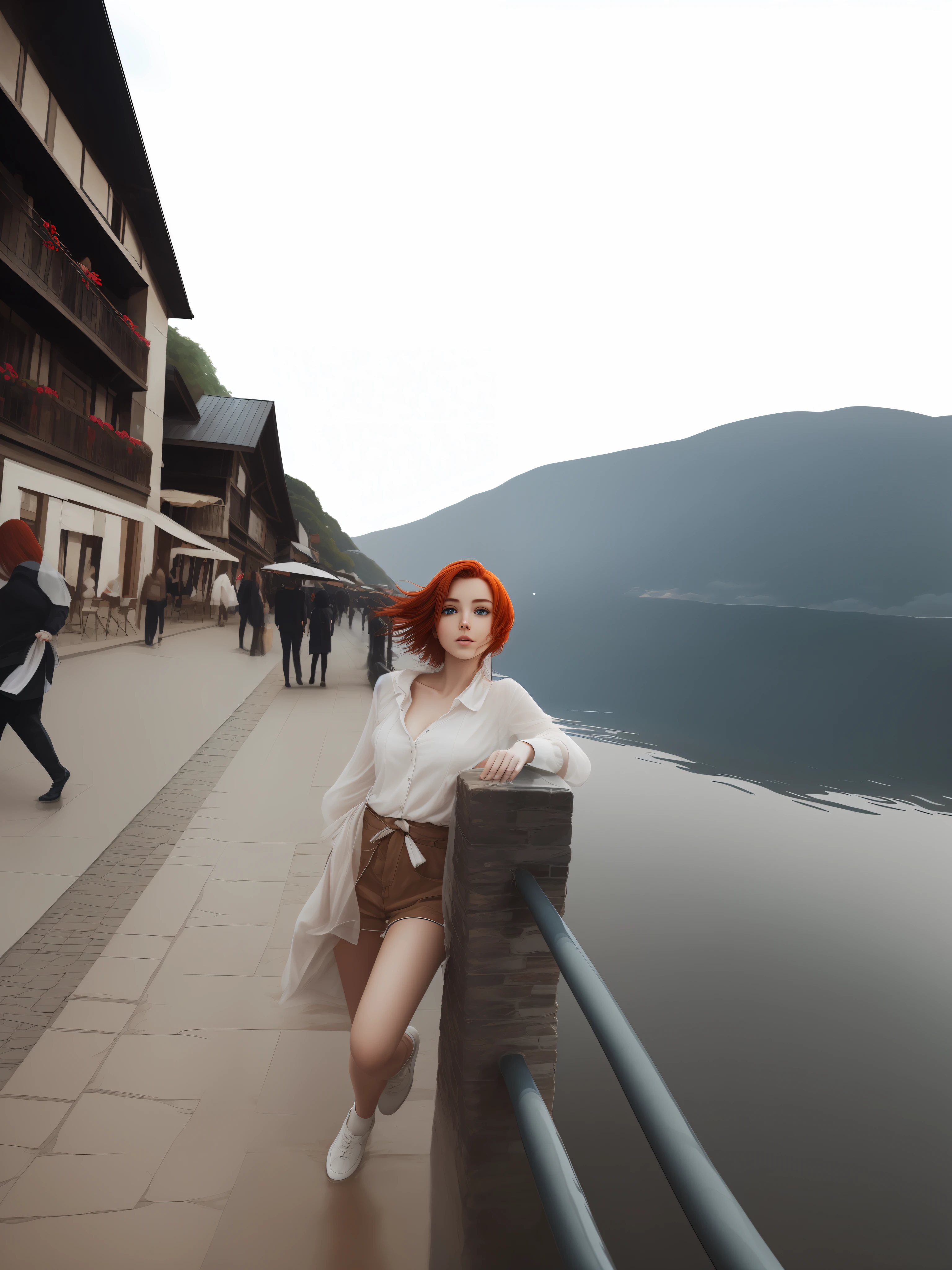 "tmasterpiece", hiquality, ultradetailed, Extremely beautiful, floating, High-resolution, Dynamic perspective, Dynamic posture, (1 girl), Cyan eyes, (1.3+redhead hair), beatiful face, a lot of water droplets, clouds, nightfall, Wide panorama