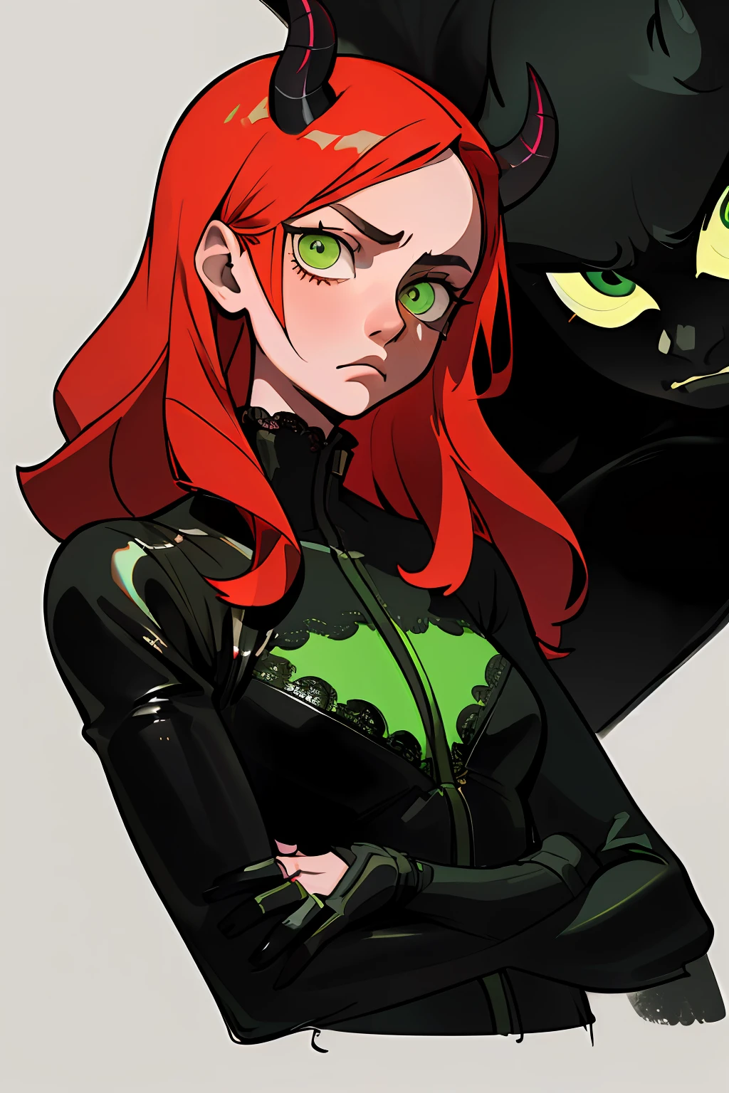 absurdres, highres, ultra detailed, (ultra-detailed background, detailed background), extremly detailed, 1girl, melancholy photo of a red haired demon young female with green eyes and black horns, lace catsuit, desaturated colour, inclement emotions, shot with a Ilford HP5, F/1. 8