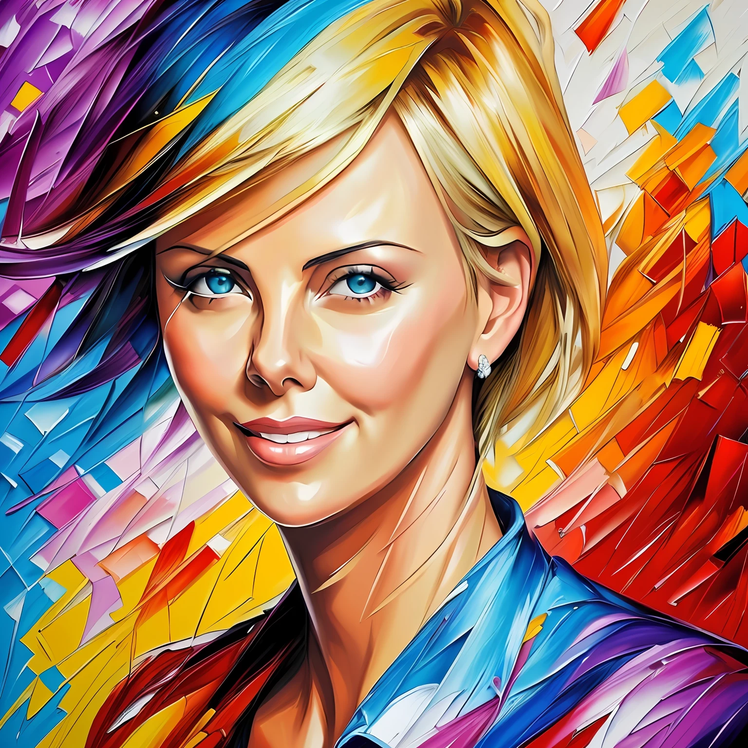 Charlize Theron, smile, painted in afremov style,  [(colorful explosion psychedelic paint colors:1.2)::0.25], impressionist style, brushstroke painting technique, palette knife painting, an expressive oil painting