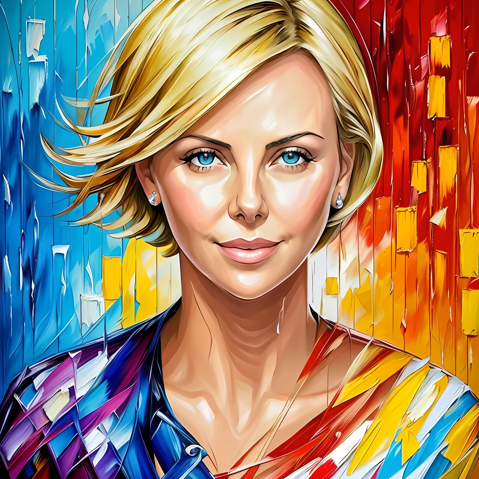 Charlize Theron, smile, painted in afremov style,  [(colorful explosion psychedelic paint colors:1.2)::0.25], impressionist style, brushstroke painting technique, palette knife painting, an expressive oil painting