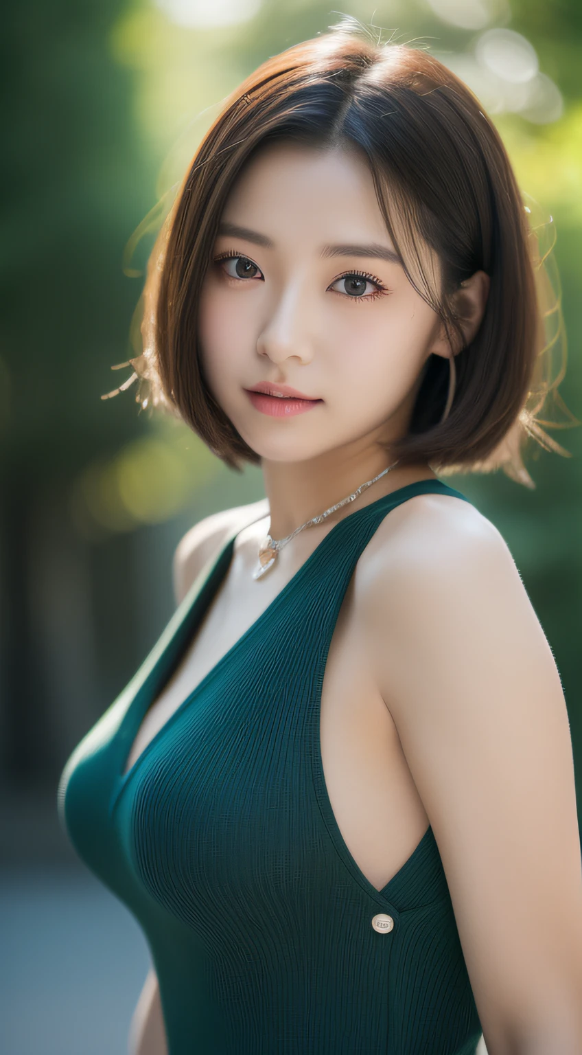 (8K、Raw photography、top-quality、​masterpiece:1.2)、(realisitic、Photorealsitic:1.37)、ultra-detailliert、超A high resolution、(Solo Japan Women)、18 Year Old Woman、(with round face)、long eyeslashes、Beautiful black eyes、natural make up、large full breasts、Aquamarine Color Dress、（very short bobbed hair）、a necklace、Poses in motion