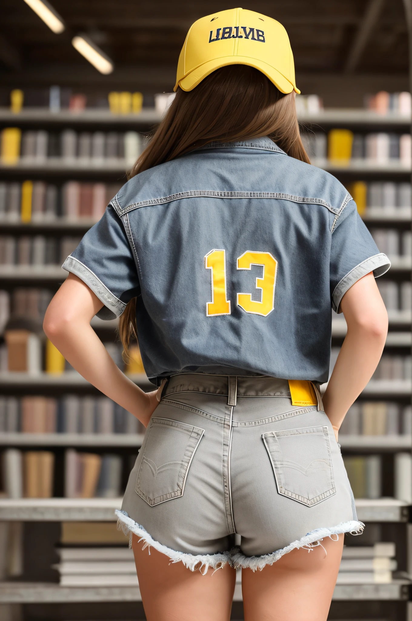 real photograph, A beautiful  girl, standing full-body,(Back focus:1.2), Short golden-brown hair, Light gray-yellow baseball cap, Light gray-yellow baseball coat, Denim shorts, library background,Bright light，High detail, primitive,Studio lighting,first person perspective,Above the calves，perfectly proportions