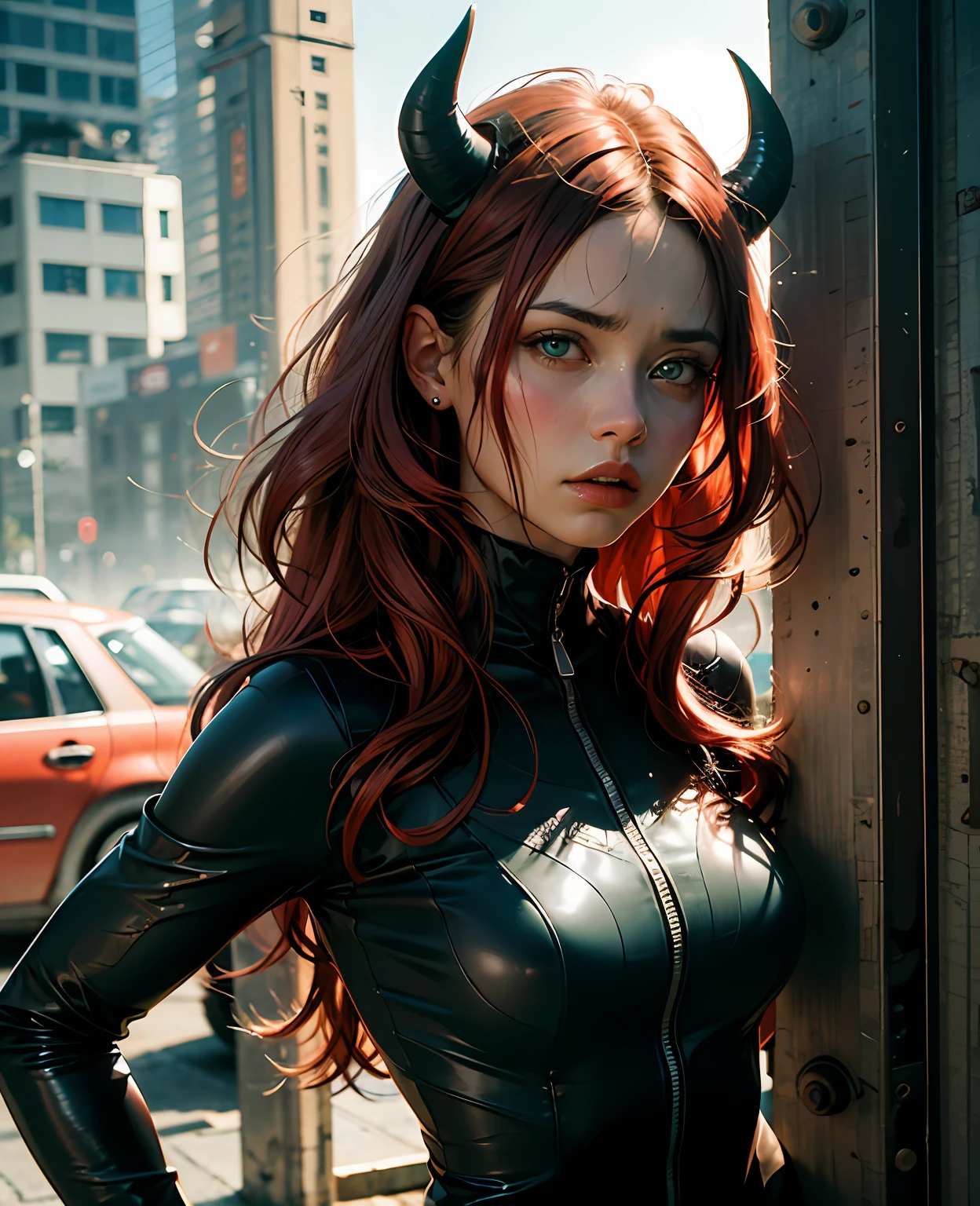 absurdres, highres, ultra detailed, (ultra-detailed background, detailed background), extremly detailed, 1girl, melancholy photo of a red haired demon young female with green eyes and black horns, lace catsuit, desaturated colour, inclement emotions, shot with a Ilford HP5, F/1. 8