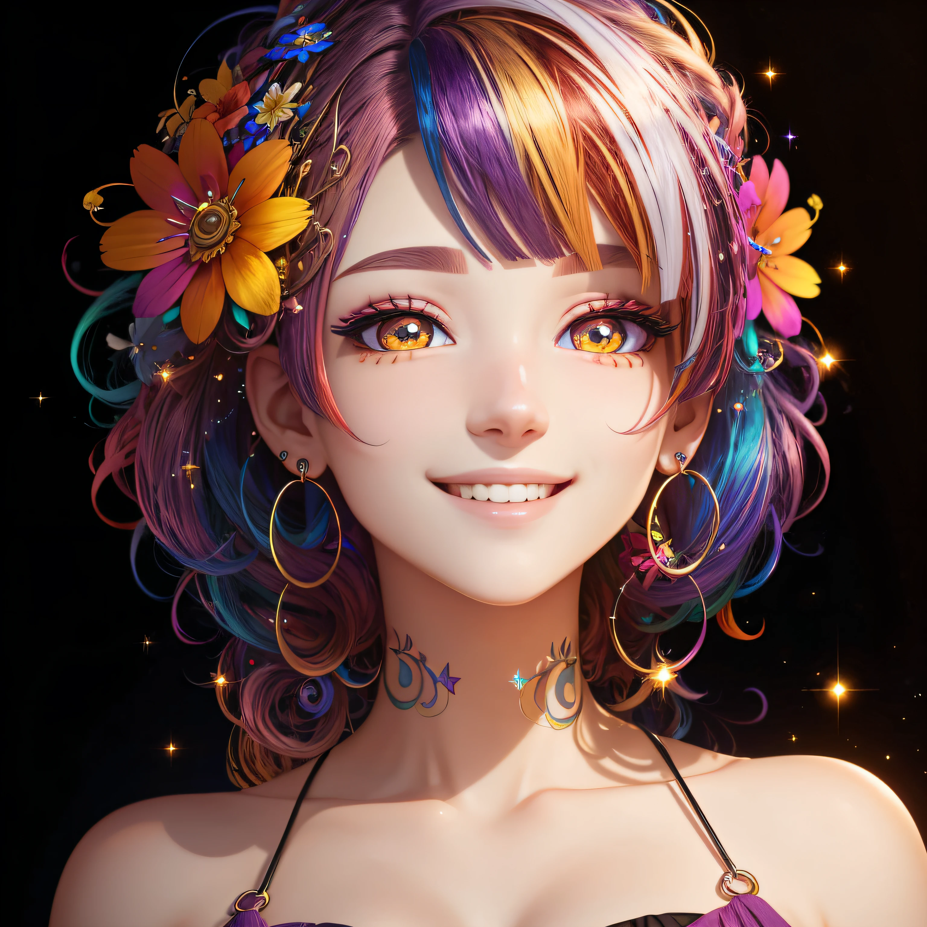 multicolored hair, hair flower, dilated pupils, earrings, light smile, sparkle, UHD --auto