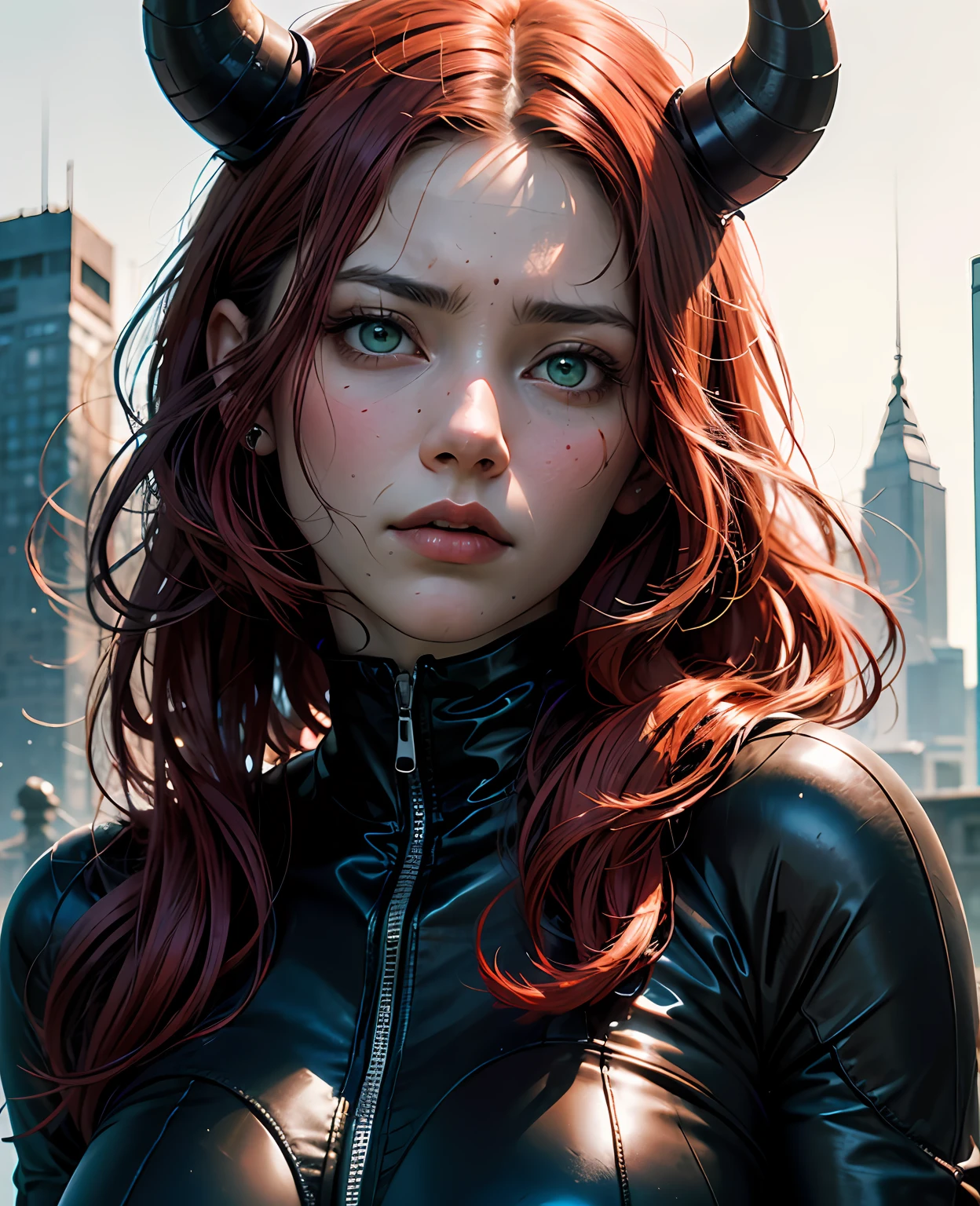 absurdres, highres, ultra detailed, (ultra-detailed background, detailed background), extremly detailed, 1girl, melancholy photo of a red haired demon young female with green eyes and black horns, lace catsuit, desaturated colour, inclement emotions, shot with a Ilford HP5, F/1. 8