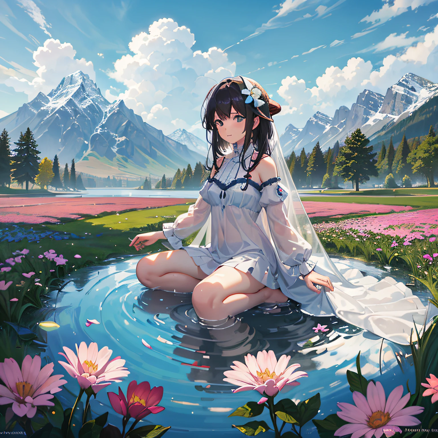 Summer, meadows, few small flowers, clear lakes, sheep, heaven, large clouds, blue sky, hot weather, HD detail, wet watermark, hyper-detail, cinematic, surrealism, soft light, deep field focus bokeh, distant view is snowy mountains, ray tracing, and surrealism. --auto