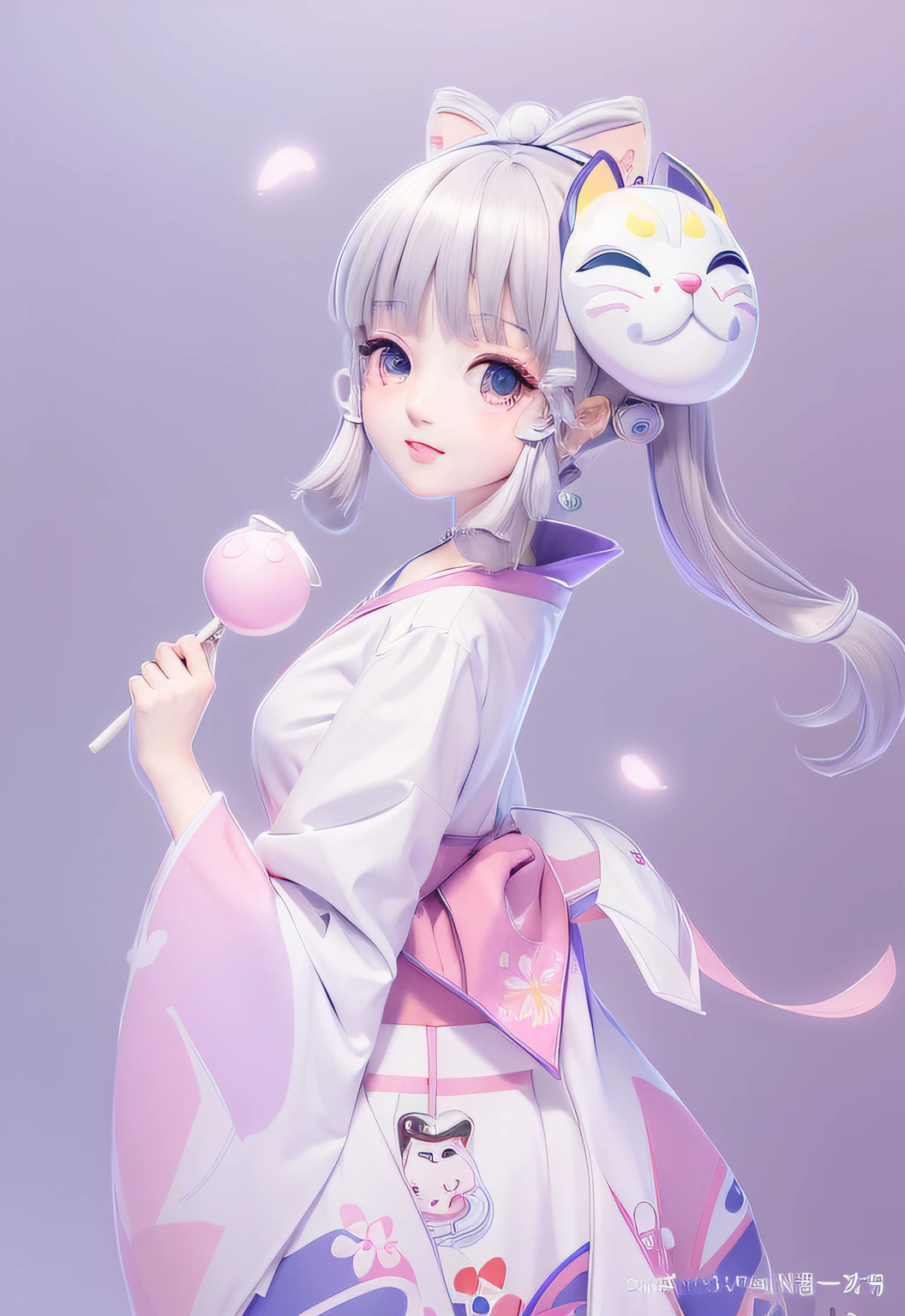 Anime girl with cat mask and lollipop, anime visual of a cute girl, offcial art, white hime cut hairstyle, nyaruko-san, up of young anime girl, onmyoji portrait, Official artwork, shikamimi, anime figure, white-haired god, An anime girl, Cute anime girl, shirabii, cute anime waifu in a nice dress,Remove the watermark