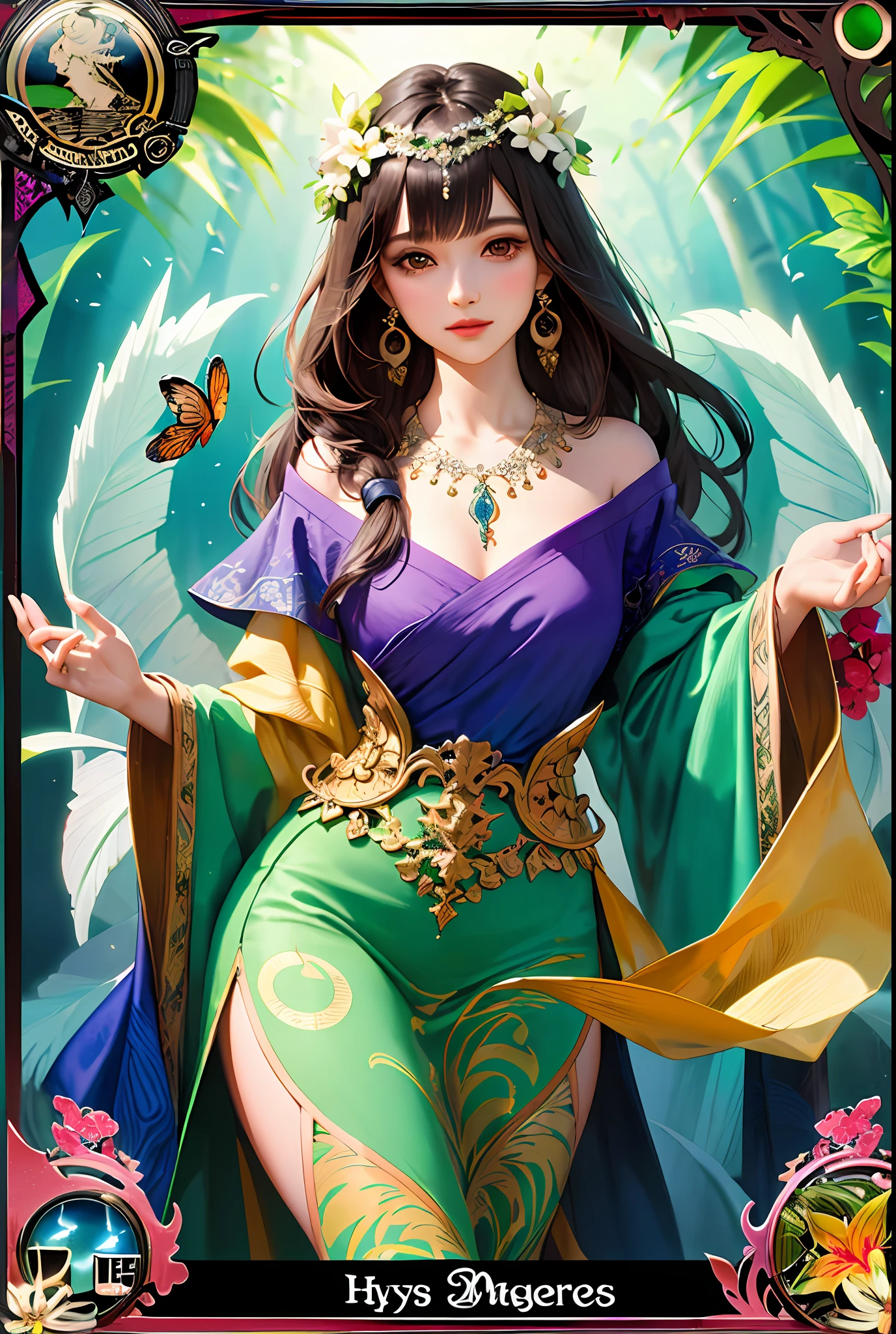 masterpiece, best quality, Alphonse Mucha, art nouveau,
(tarot card style:1.3), unique tarot card framework incorporating floral and greenery elements,
blunt bangs, black straight long hair, looking at viewer,
Amidst a verdant garden, a mystical maiden in a blossoming gown dances with ethereal creatures, bathed in sunlight that illuminates flourishing flora and ancient tarot symbols,
roses, lilies, cherry blossoms, irises, foliage, moss, and vines, elegant dresses inspired by nature, accessories including flower and leaf-designed necklaces, earrings, rings, bracelets, hair ornaments, butterflies, birds, bees, tarot symbols reimagined with floral and greenery designs, goddesses, natural backgrounds like gardens, forests, lakesides, effective use of light and shadow,
realistic, hyper realistic lifelike 3d, zentangle,
