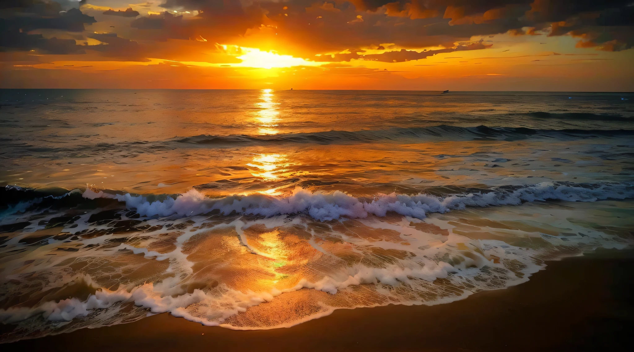 Absolutely mesmerizing sunset on the beach with a mix of oranges, pinks and yellows in the sky. The water is crystal clear, gently kissing the shore, and the white sand is endless. The scenes are action-packed and breathtaking, with seagulls soaring high in the sky and palm trees swaying gently. Immerse yourself in the calm atmosphere and let the serenity surround you.