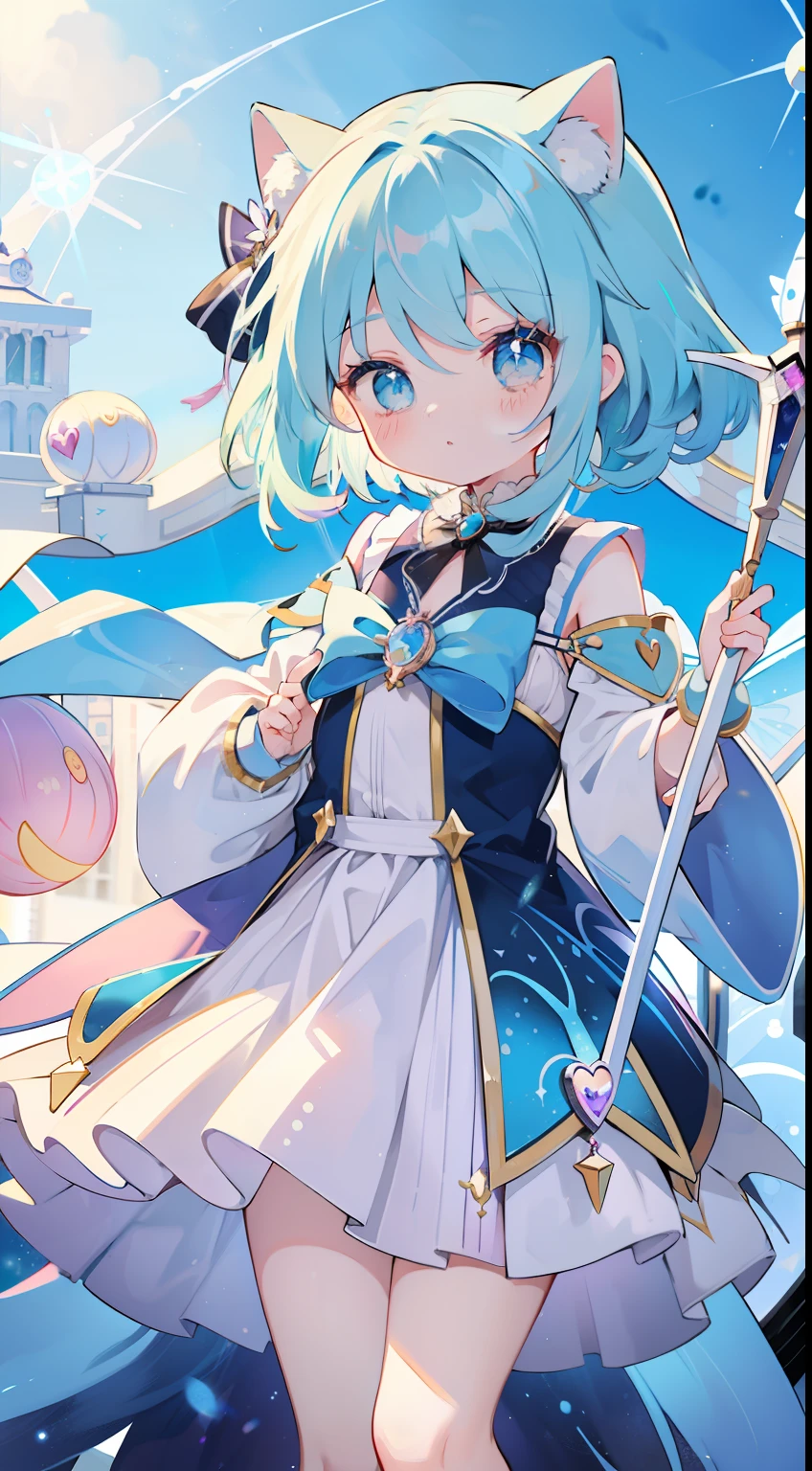 One girl、magical little girl、blue hairs、blue eyess、Magical Girl Costumes、Magic cane、​masterpiece、top-quality、Top image quality、cute little、magia、Using magic