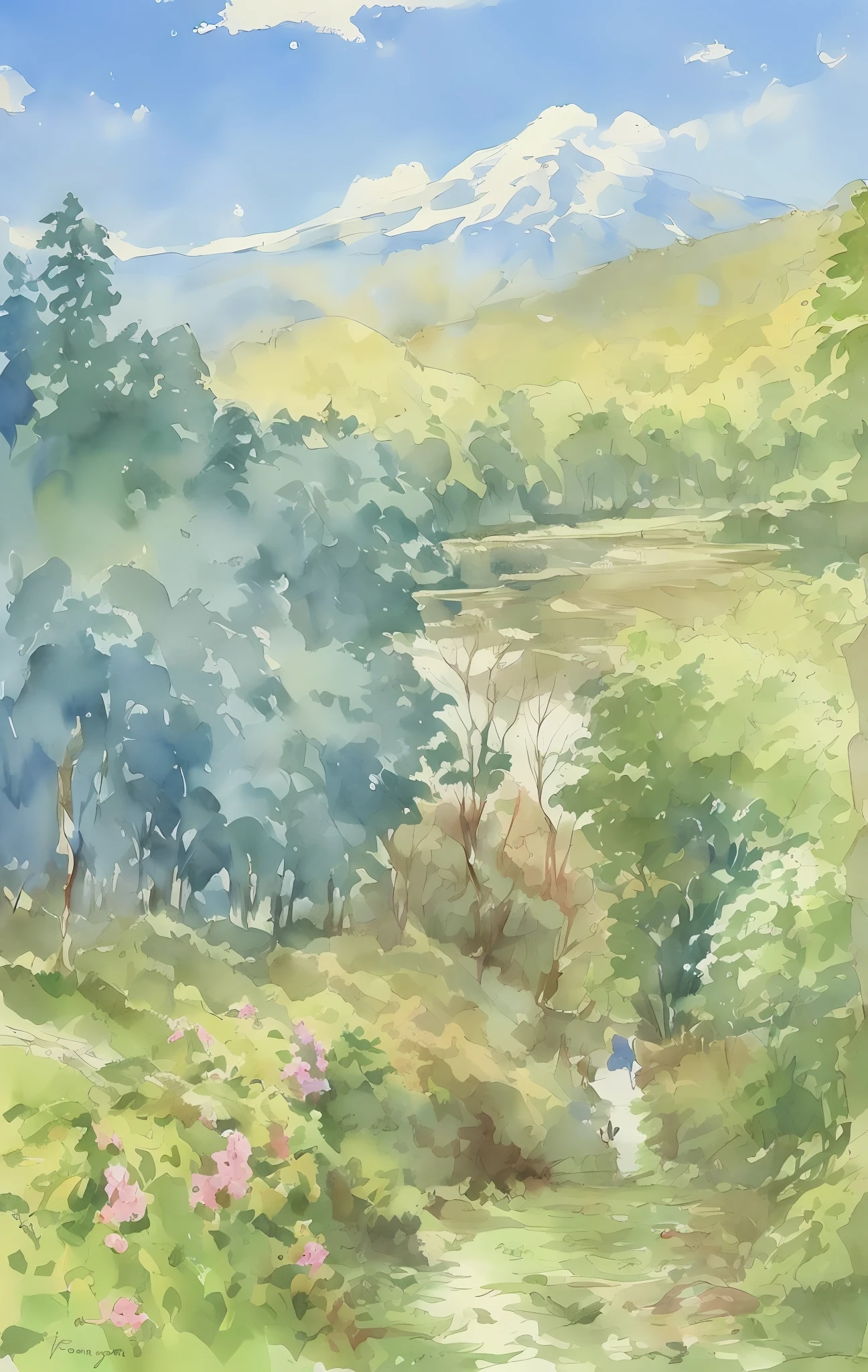 Isaac Levitan.Morning glow, The river is vast, Students pick up a brush and draw on the drawing board,aquarelle,Far Mountain,Near water,Grass watercolor style,high qulity