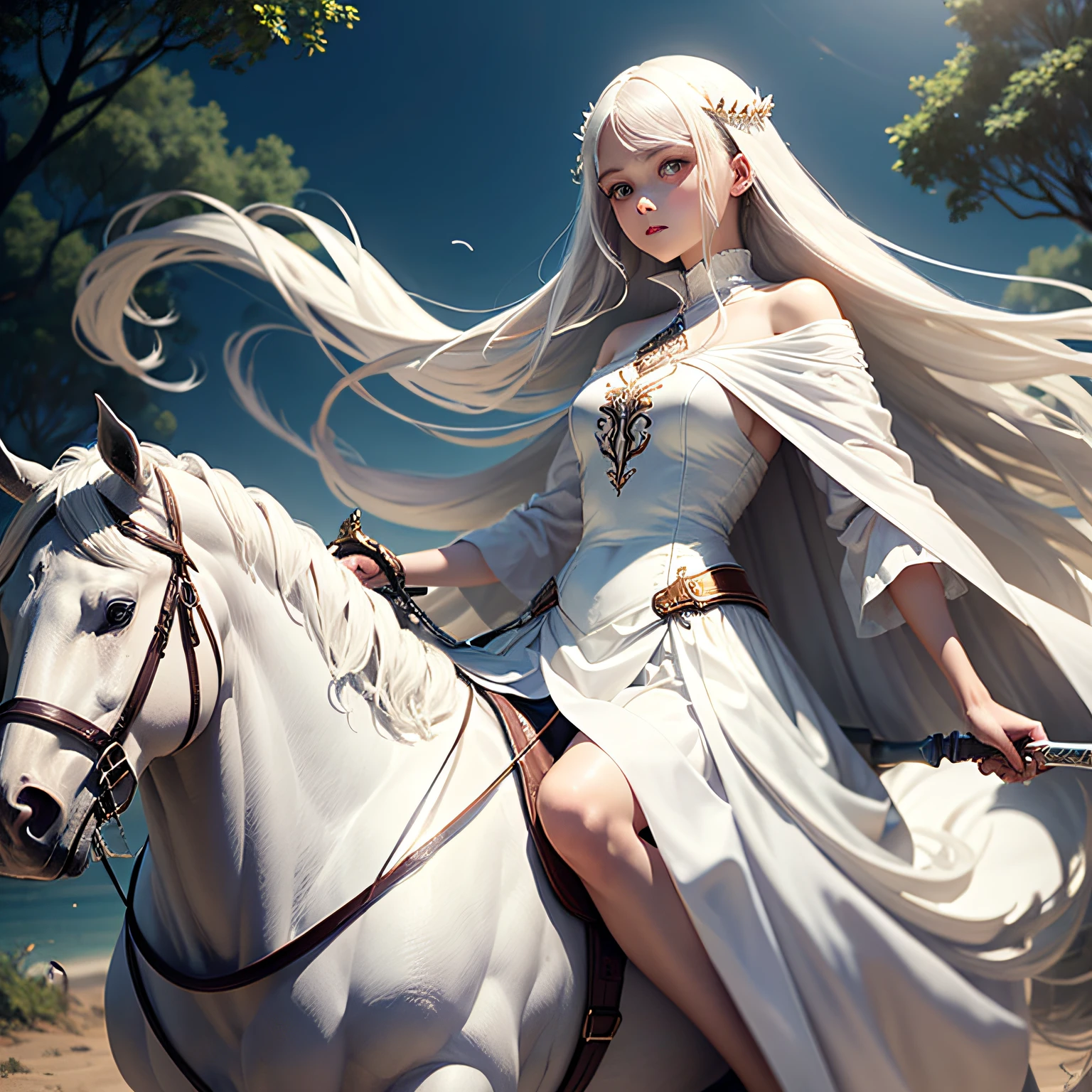 Long hair fluttering, white skirt, big eyes, tall man, thin figure, wearing a white dress, holding a long sword in his hand riding a white horse --auto