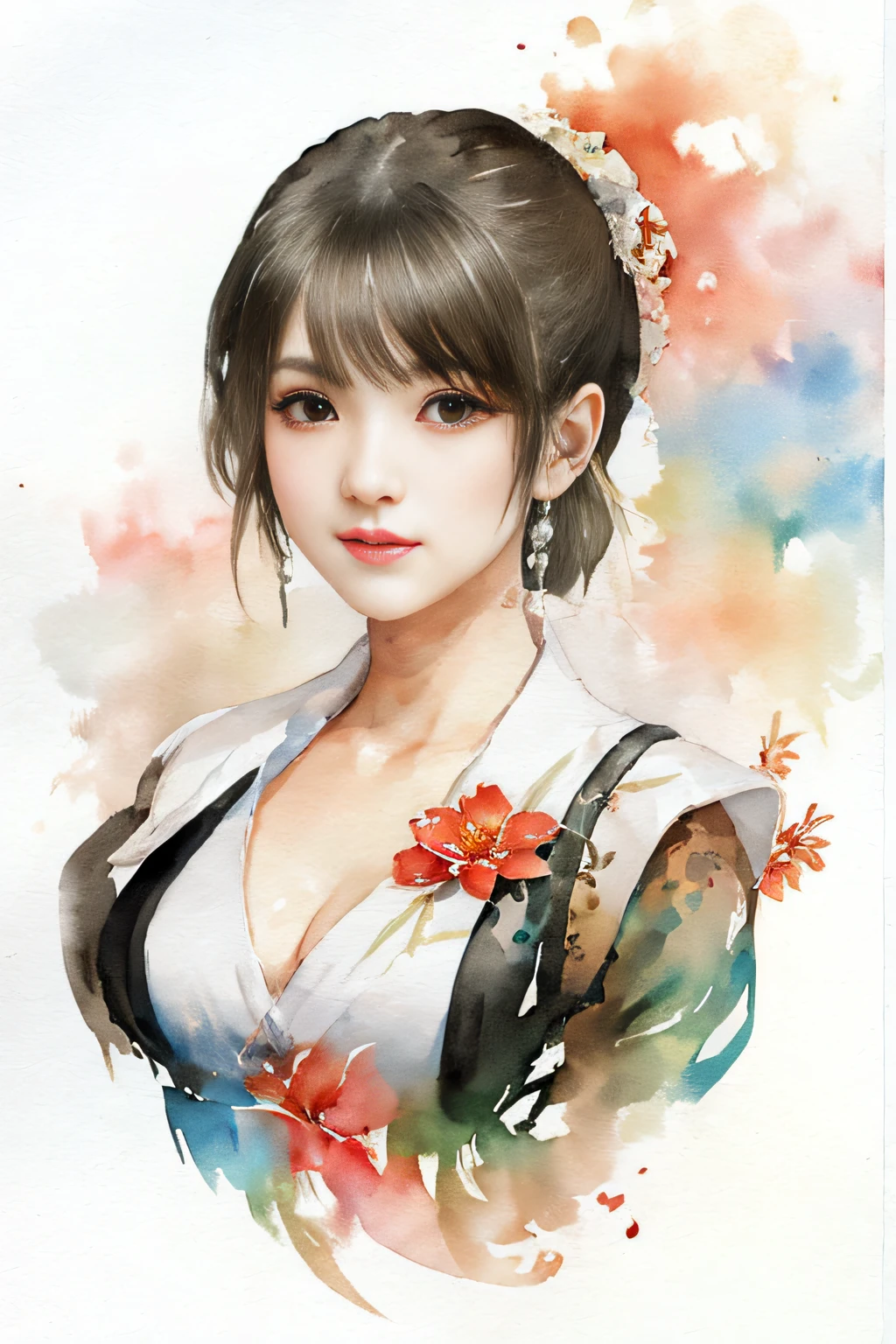 (upper body: 1.5),(white background:1.4), ((tachi-e)), original,(illustration:1.1),(best quality),(masterpiece:1.1),(extremely detailed CG unity 8k wallpaper:1.1), (colorful:0.9),(panorama shot:1.4),(full body:1.05),(solo:1.2), (ink splashing),(color splashing),((watercolor)), clear sharp focus,{ 1girl standing },((chinese style )),flower background,outdoors,rocks, looking at viewer, make happy expressions,soft smile,pure,beautyfull detailed face and eyes,beautyfull intricacy clothing decorative pattern details, black hair,black eyes,colorwater
