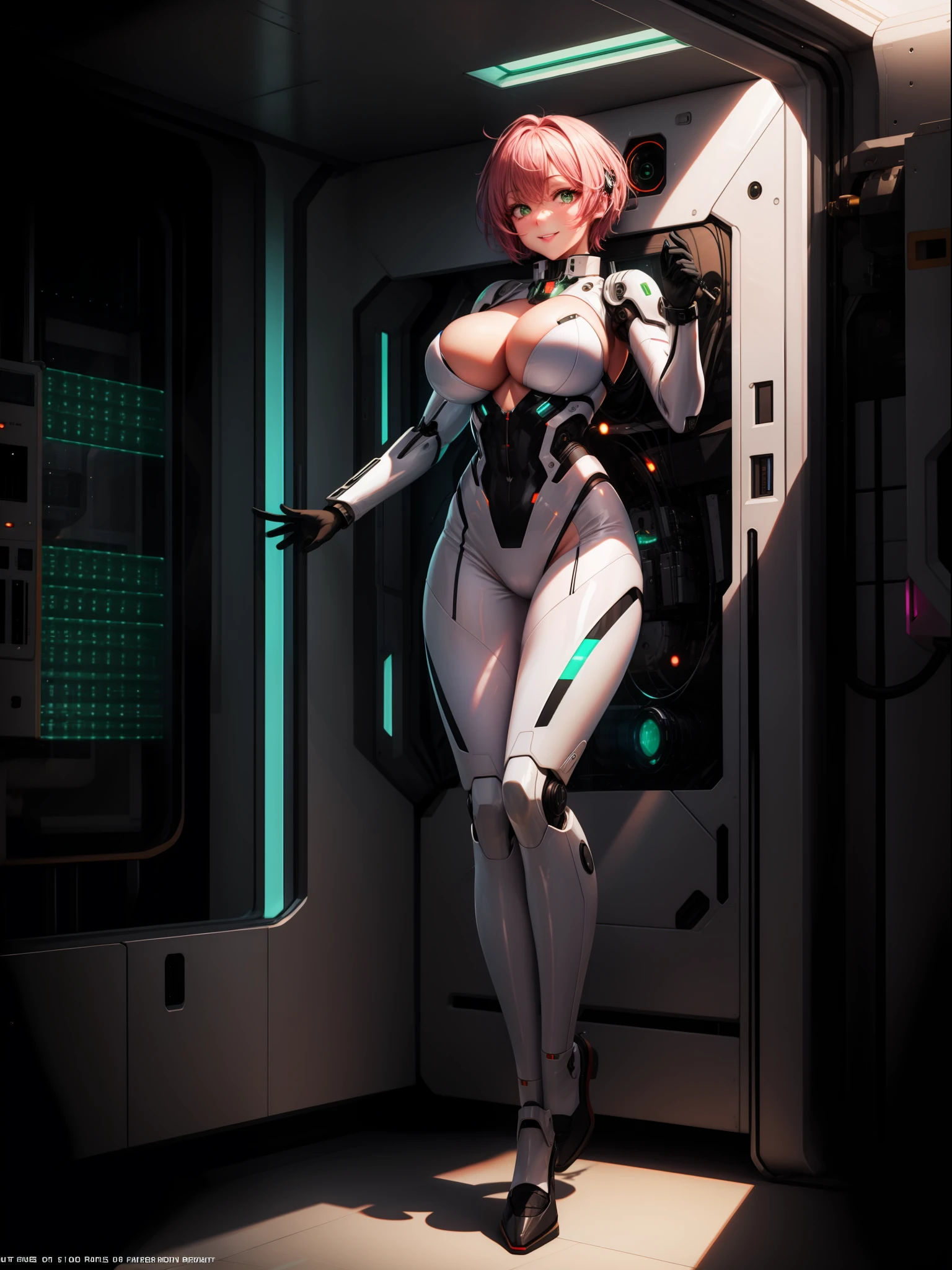 {((1woman))}, only she is {((wearing white mechanical suit with extremely tight and transparent black mechanical parts on her body)), she has ((extremely big breasts)), only she has ((very pink hair short, green eyes)), ((erotic pose)), only she is smiling and staring at the viewer, ((in a spaceship near the sun, window, teleport, robots in the background, equipment, machines on the walls))}, ((full body):1.5), 16k, best quality, best resolution, best sharpness