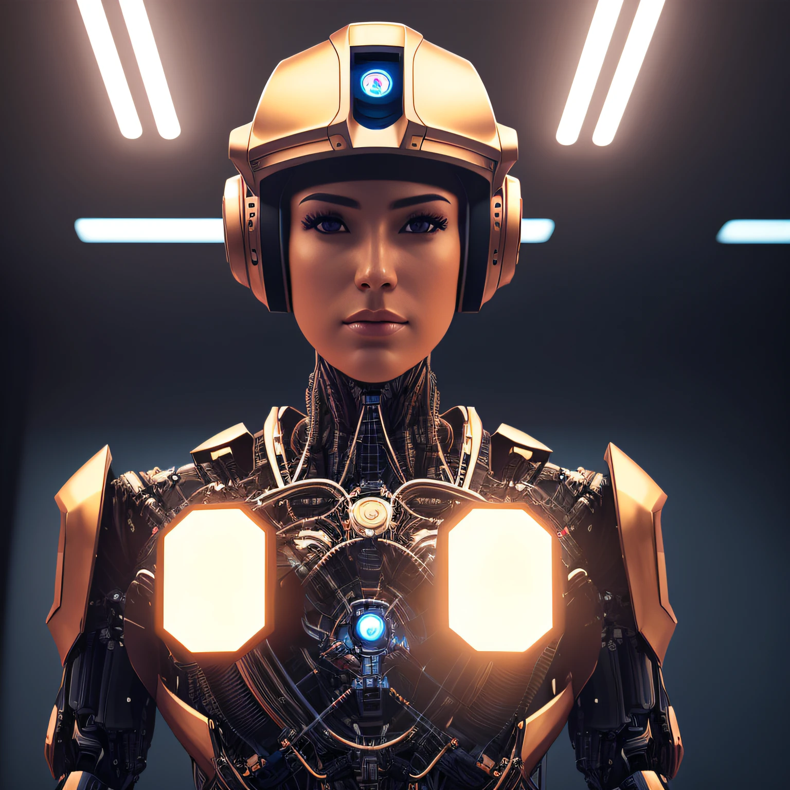 A realistic robot, wearing an engineer's helmet, holding a structural blueprint project, body looking at the camera, gazing at the viewer in a frontal view, anatomically correct, photography, detailed skin, realistic, dark background, photo-realistic, 8k, highly detailed, full-length frame, soft lighting, shallow depth of field, sharp focus, hyperrealism, cinematic lighting. --auto