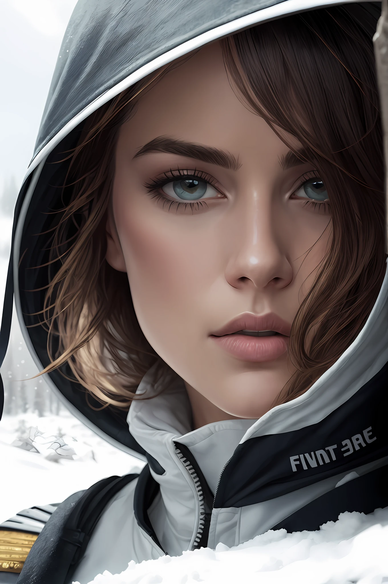 Close-up, A beautiful army soldier in a white uniform in a blizzard, white ski mask, foco nítido, Studio photo, detalhes intrincados, altamente detalhado, profundidade de campo, foco nítido, High detail, textura de pele realista, Realistic, fotorrealista, Arte Digital, tinta escura, Directed by: Greg Rutkowski