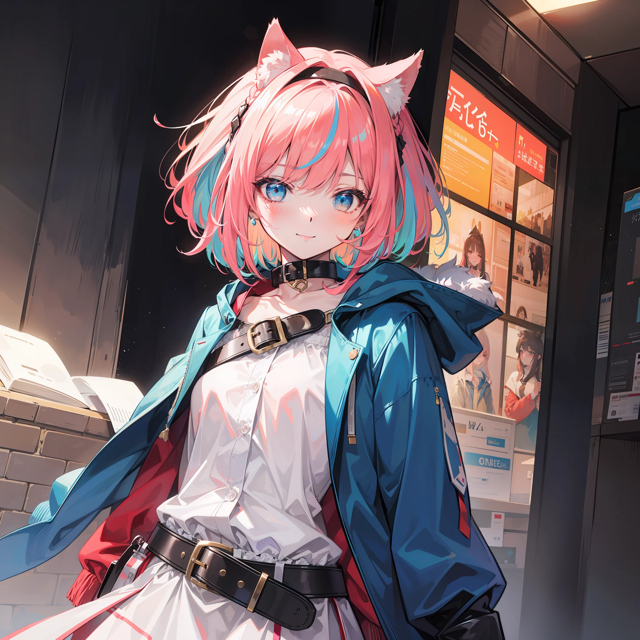 best quality, masterpiece, 1 girl, 1 boy, , NSFW, (: 1.5), girl riding , penetration, ((gender: 1.2)), cowgirl, cowgirl , corneo_cowgirl, brunette hair, (evil smile), very short hair, (undercut: 1.3), black eyeshadow, collar, (belt), BDSM, (animal ears), straight up, upper body, braid, headband, pink hair, multicolored hair, delicate eyes, blonde eyes , open coat, blue coat, bangs, looking at the audience, blushing, standing, hood, long sleeves, faint smile,