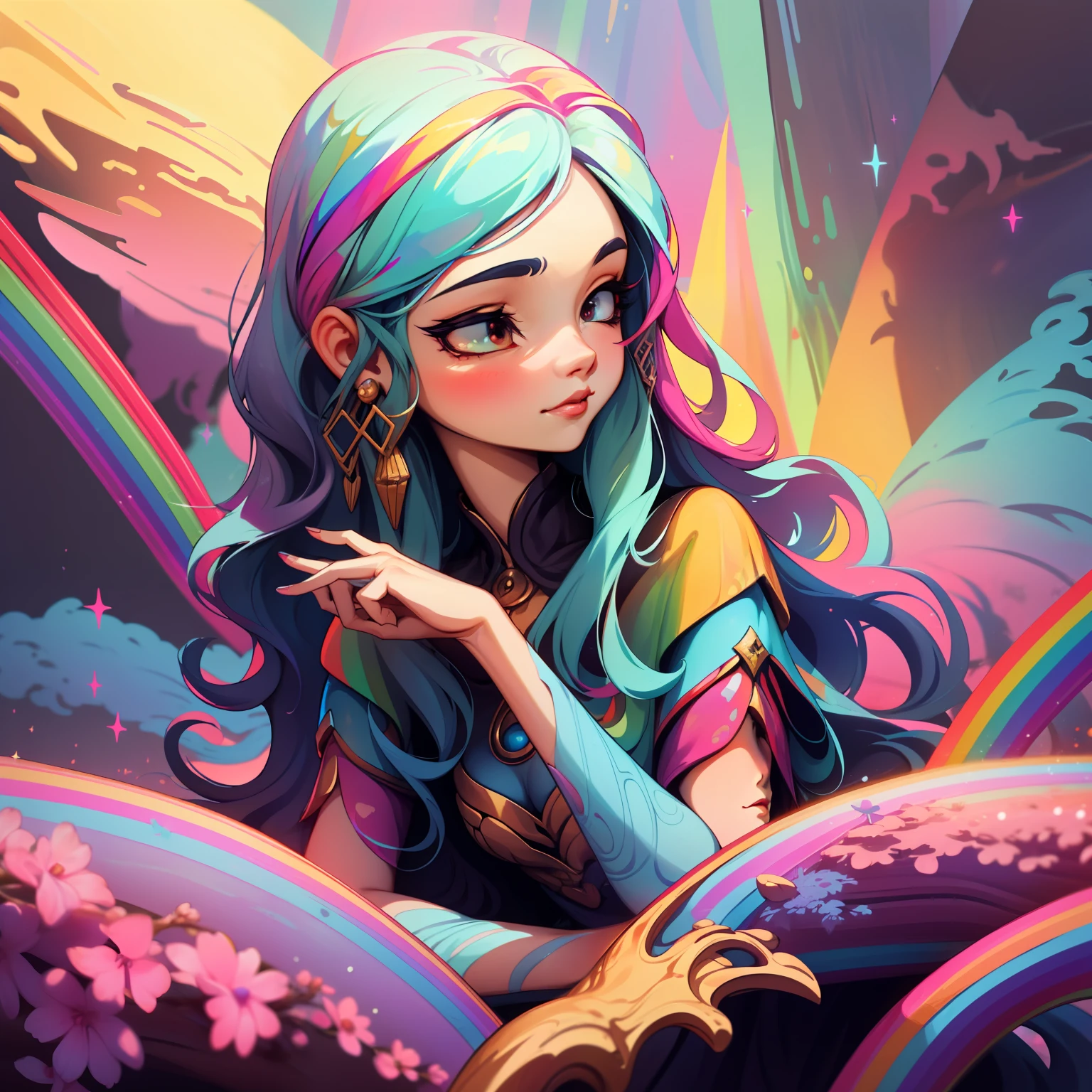 adesivo,1girl, fundo simples, retrato, girl with long hair, beautiful goddess girl, goddess aesthetic, beautiful girl, very beautiful fantasy art, beautiful and elegant female goddess, beautiful detailed fantasy, rainbow color palate, rainbow color-theme
