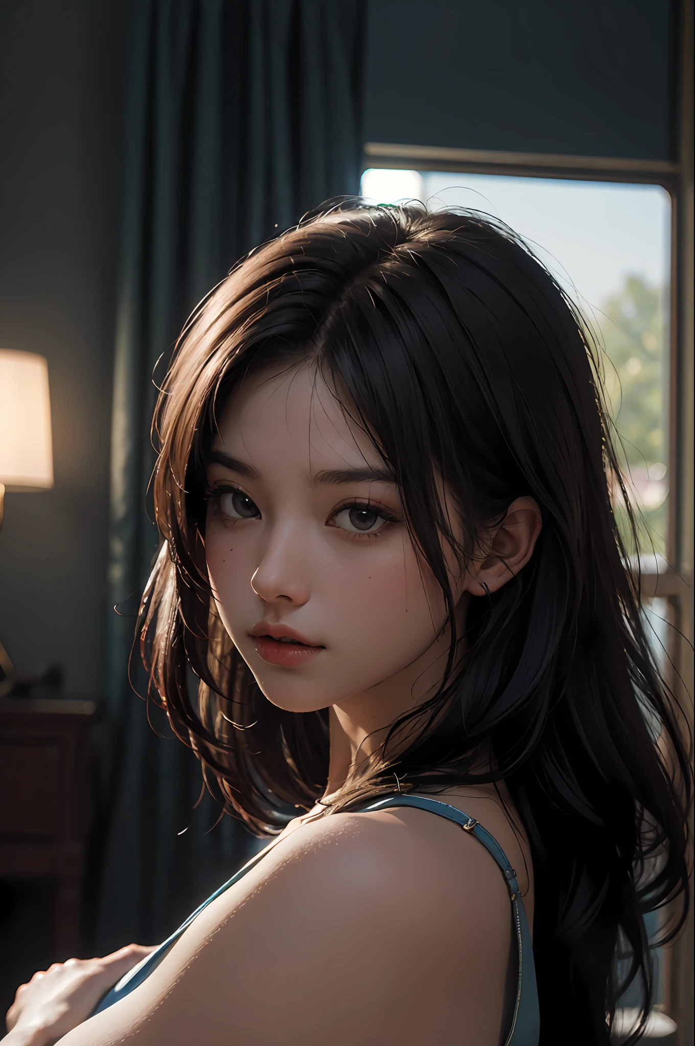 (RAW photo, 4k, masterpiece, high res, extremely intricate) (photorealistic:1.4), cinematic lighting
1girl, solo focus, summer noon, hot, 1990s \(style\),cowboy shot,indoors