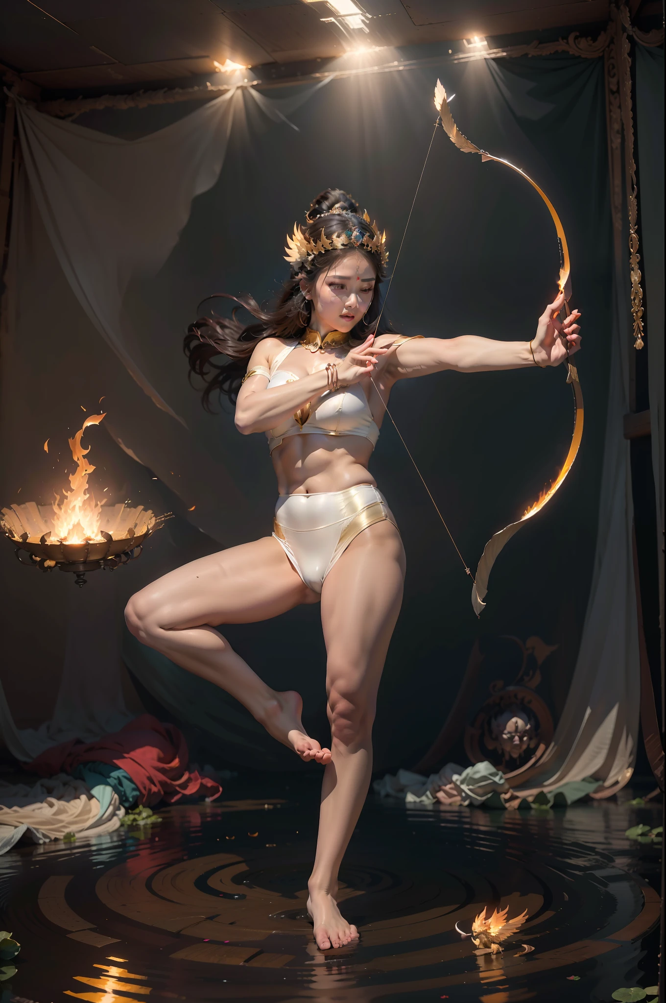 tmasterpiece,超高分辨率,Beautiful woman with wings shooting arrows,She floated in the air with the flames,The delicate facial features are beautiful and moving,Clear skin is smooth and delicate,Barefoot,A person whose body contour is on fire,The beauty of celestial bodies that appear in flames,No cover,The wind blows the skirt,on fire,Flying Beauty,Fire Phoenix,beautiful feathers,massive wings,Phoenix Nirvana in the flames,Wings shine in flames,Clean and uncontaminated human body,He was not dressed,The feathers adorn the huge wings,Fly in the air,The characters shine,Fire under your feet,Deep level and spatial level,The background is only the sky,There are clouds,Light flame,火焰,The picture background is clean and flat,A unique perspective,