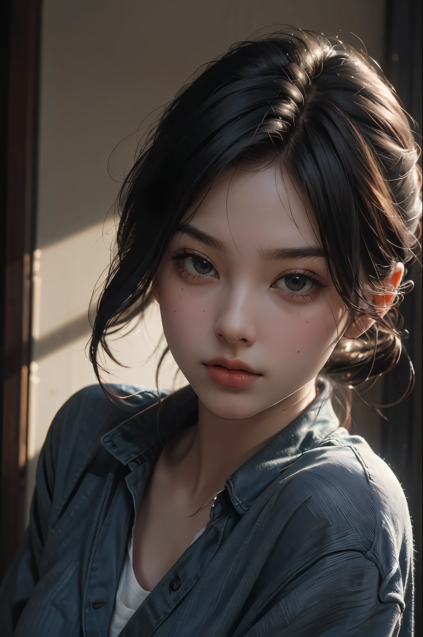 (RAW photo, 4k, masterpiece, high res,  extremely intricate) (photorealistic:1.4), cinematic lighting
1girl, solo focus, summer noon, hot, 1990s \(style\),cowboy shot,indoors