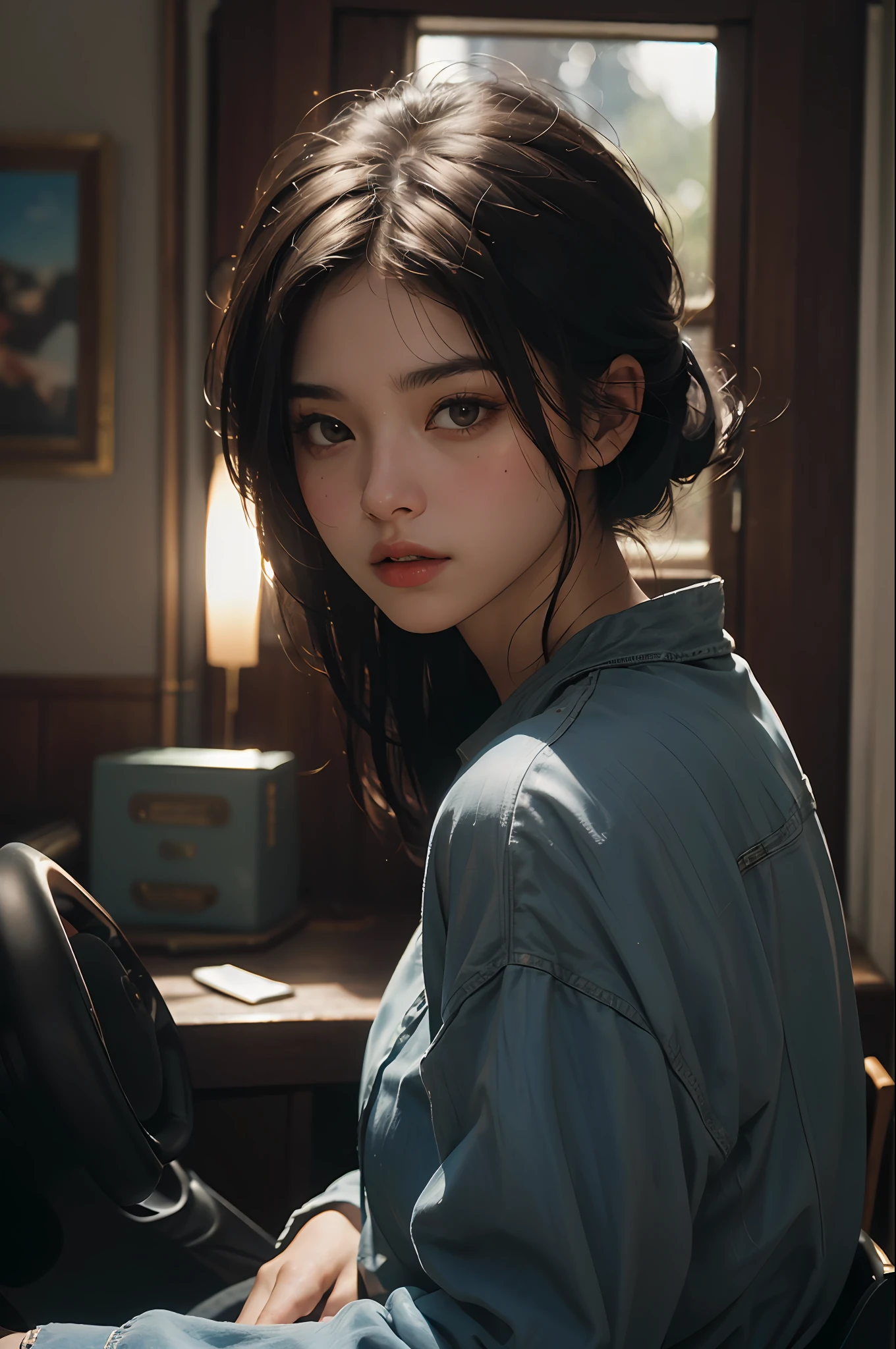 (RAW photo, 4k, masterpiece, high res, extremely intricate) (photorealistic:1.4), cinematic lighting
1girl, solo focus, summer noon, hot, 1990s \(style\),cowboy shot,indoors