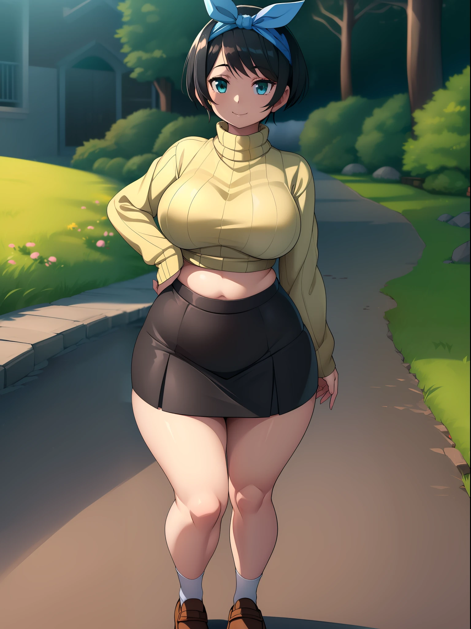 ((((kipteitei art)))), ((highres)),Masterpiece, high quality, best quality, beautiful, perfect lighting, detailed face, ultra cute face, ((1girl)), ((solo), ((((sarashina ruka)))), ((blue hairband)), ((tan turtle neck sweater)), ((black short skirt)), (((tight clothes))), black socks, loafers, looking at viewer, cowboy shot, sweet smile, cute, happy, medium breasts, perky breasts, ((wide hips)), (((thick thighs))), pudgy, thicc, town, street