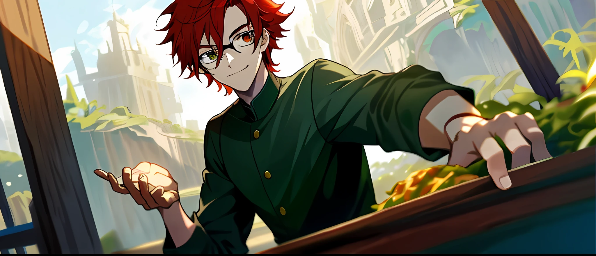 (masterpiece, best quality), Anime boy, young man, solo, 1 boy solo, red hair, messy red hair, messy short red hair, pale skin, dark under eyes, dark eyebags, tired, modern clothes, peaceful scenery, beautiful soft lightning, detailed, glasses, black glasses, dark green eyes, relaxing, facing forward, leaning forward, smiling slightly, soft expression, one hand hovering above to pat the viewer, patting the viewer, patting an invisible person, close up, CGI scene, cutscene, horizontal portrait, CGI cutscene of a young man holding food, happy face, showing food towards camera, holding food towards camera