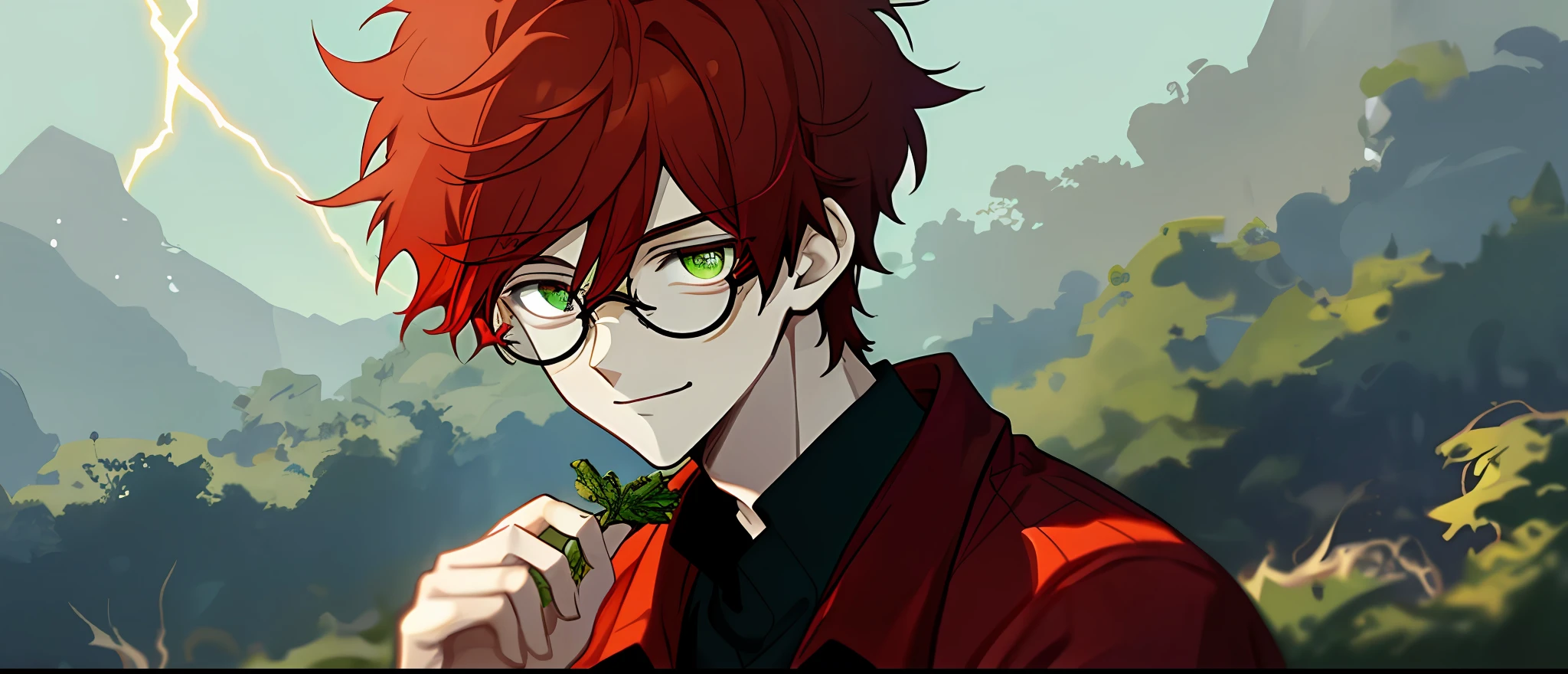 (masterpiece, best quality), Anime boy, young man, solo, 1 boy solo, red hair, messy red hair, messy short red hair, pale skin, dark under eyes, dark eyebags, tired, modern clothes, peaceful scenery, beautiful soft lightning, detailed, glasses, black glasses, dark green eyes, relaxing, smiling slightly, soft expression, close up, CGI scene, cutscene, horizontal portrait, CGI cutscene of a young man holding food, happy face, showing food towards camera, holding food towards camera