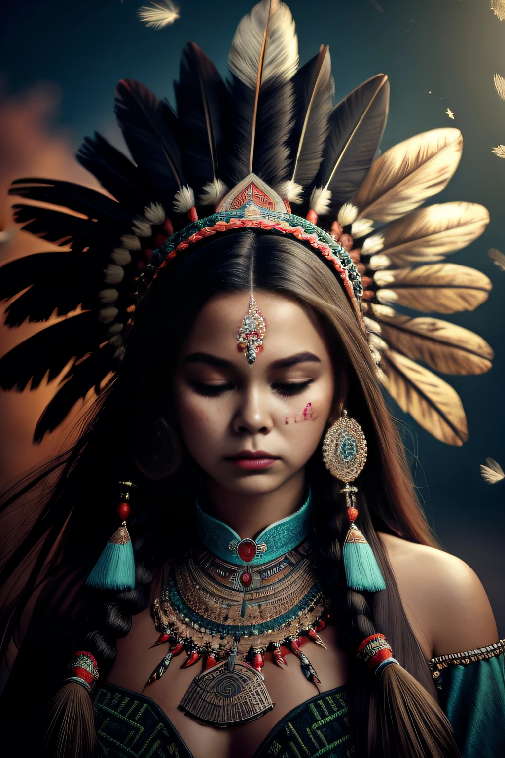 (full portrait), (half shot), solo, detailed background, detailed face, (stonepunkAI, stone theme:1.1), wise, (female), (native american), (beautiful hair, braids:0.2), shaman, septum piercing, mystical, (gorgeous face), stunning, head tilted upwards, (eyes closed, serene expression), calm, meditating, Seafoam Green frayed clothes, prayer beads, tribal jewelry, feathers in hair, headdress:0.33, jade, obsidian, detailed clothing, cleavage, realistic skin texture, (floating particles, water swirling, embers, ritual, whirlwind, wind:1.2), sharp focus, volumetric lighting, good highlights, good shading, subsurface scattering, intricate, highly detailed, ((cinematic)), dramatic, (highest quality, award winning, masterpiece:1.5), (photorealistic:1.5), (intricate symmetrical warpaint:0.5),