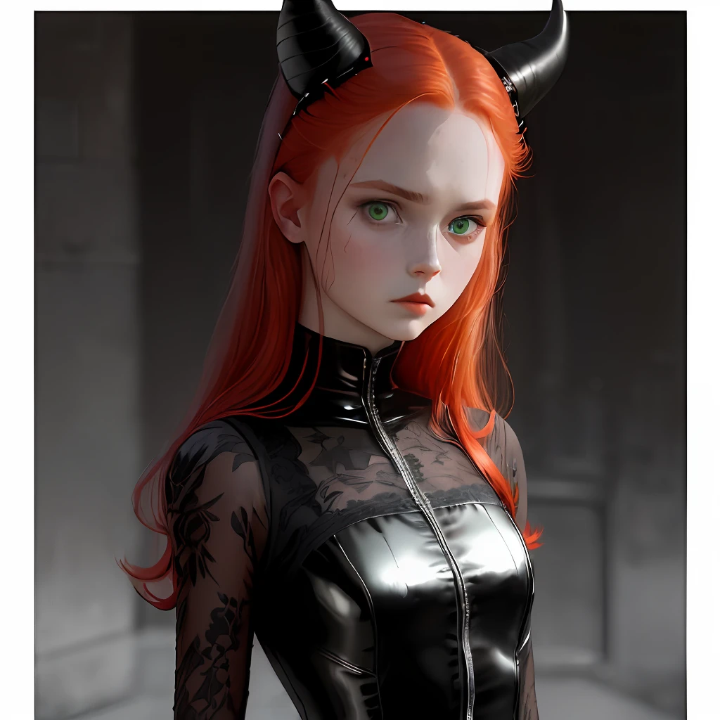absurdres, highres, ultra detailed, (ultra-detailed background, detailed background), extremly detailed, 1girl, melancholy photo of a red haired demon young female with green eyes and black horns, lace catsuit, desaturated colour, inclement emotions, shot with a Ilford HP5, F/1. 8