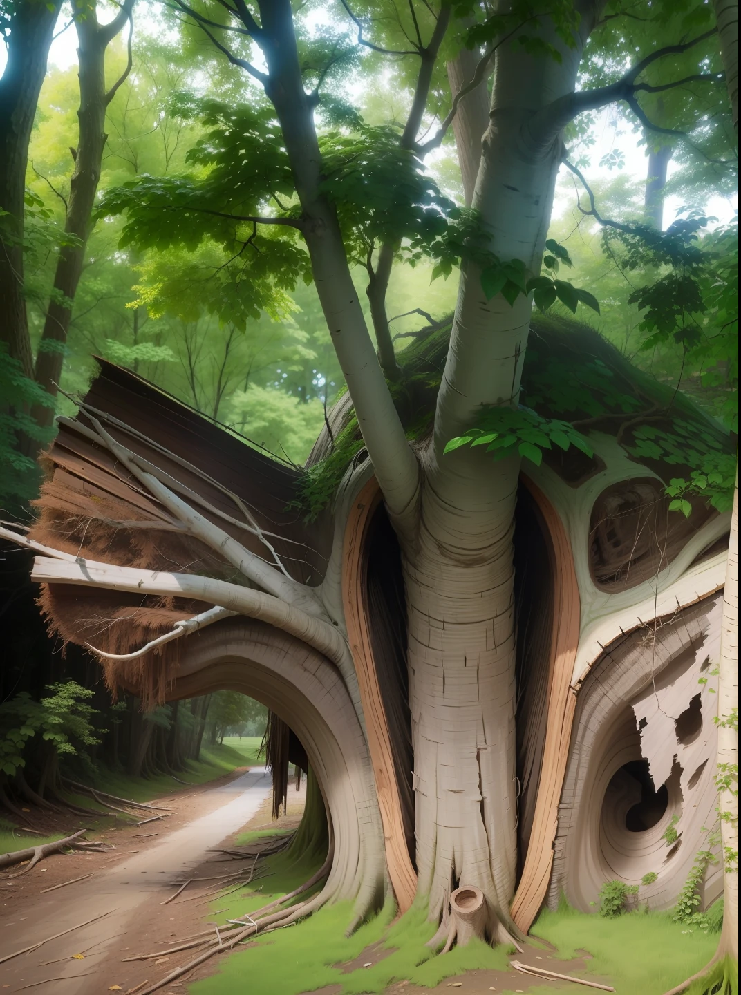 The trunk of a dead tree emerges from the middle of a new tree --auto