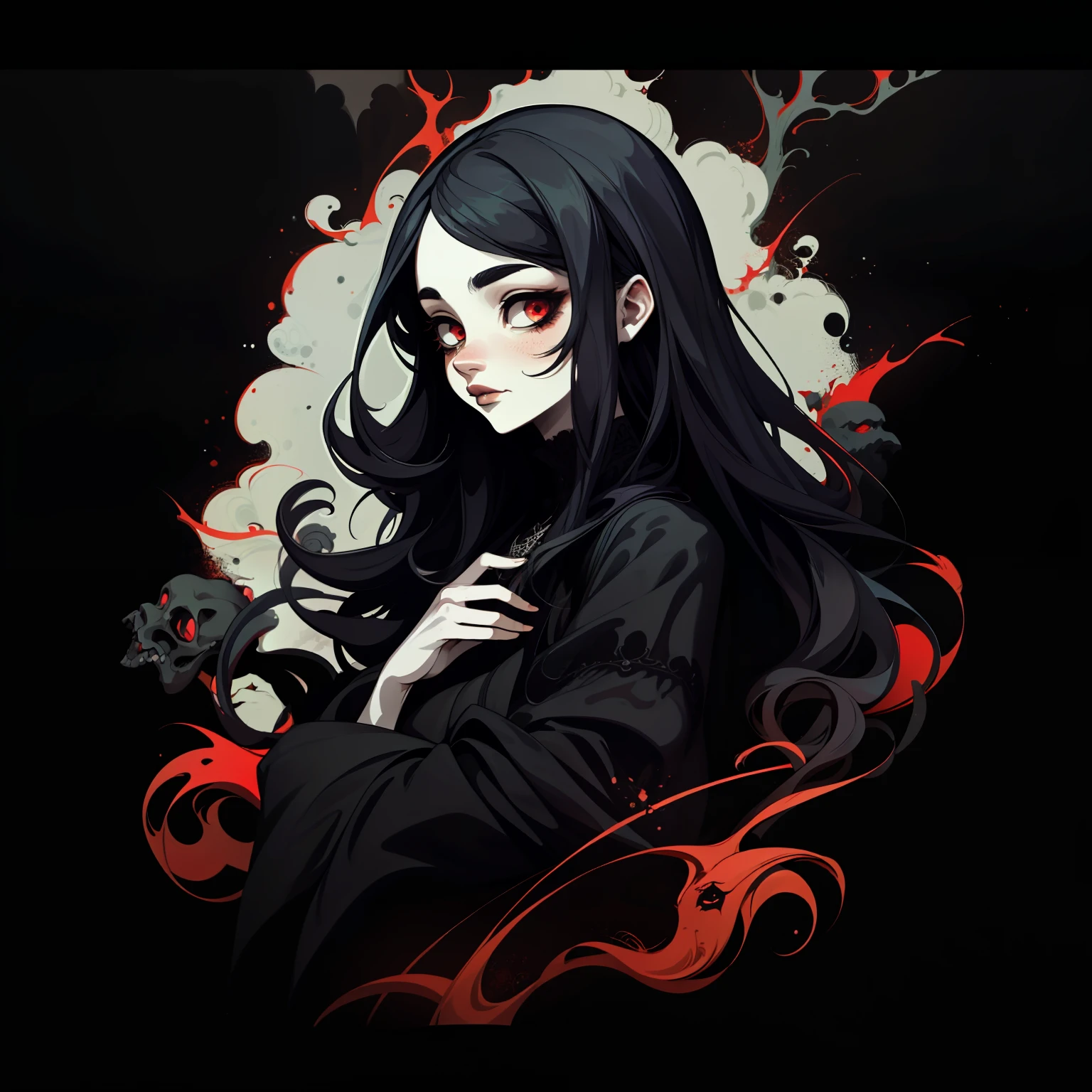 adesivo,1girl, fundo simples, retrato, girl with long hair, beautiful gothic girl, gothic aesthetic, beautiful girl, very beautiful fantasy art, beautiful and elegant female gothic, beautiful detailed fantasy, black and red color palate, black color-theme