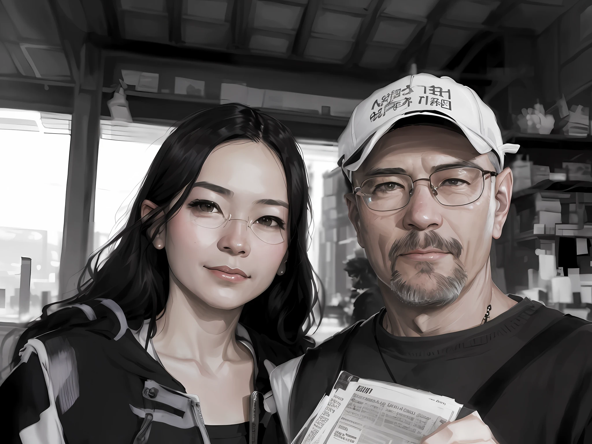 They are posing for a photo with a newspaper in hand, Ayami Kojima e Greg Rutkowski, ruan jia and joao ruas, Arte no estilo de Guweiz, rob rey and kentarõ miura, Ismail Inceoglu e Ruan Jia, Michael Kaluta e Jia Ruan, Ross Tran e Michael Whelan