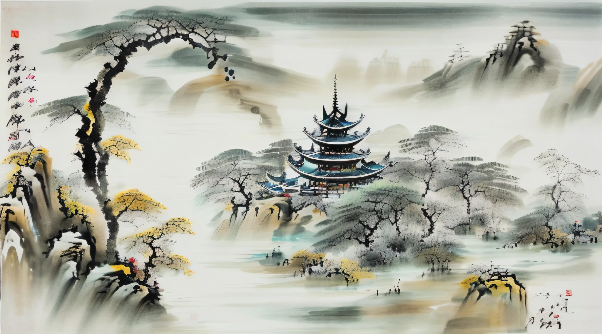 white background, scenery, ink, mountains, water, trees,huaniao,wyy_style,masterpiece,best quality,high detail,epic detail,hyper quality,Best Quority,hyper-detailing
,Tradition Chinese Ink Painting style,Landscape,ink render,Ink Dropped in water,sculpture,Ancient temple,Covered in snow,There is a wind-eroded Buddha statue in the temple。
