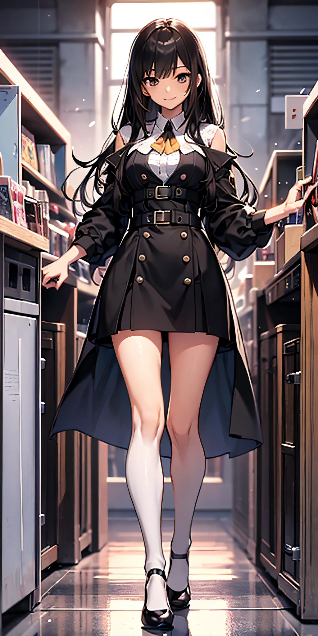tmasterpiece,best qualityer,4K,1 girl,quadratic element,Royal Sister,Stand up,mature,black lence stockings,Chest medium size,Long legs,White skin,ssmile,Long black hair,No shoes,Thin leg