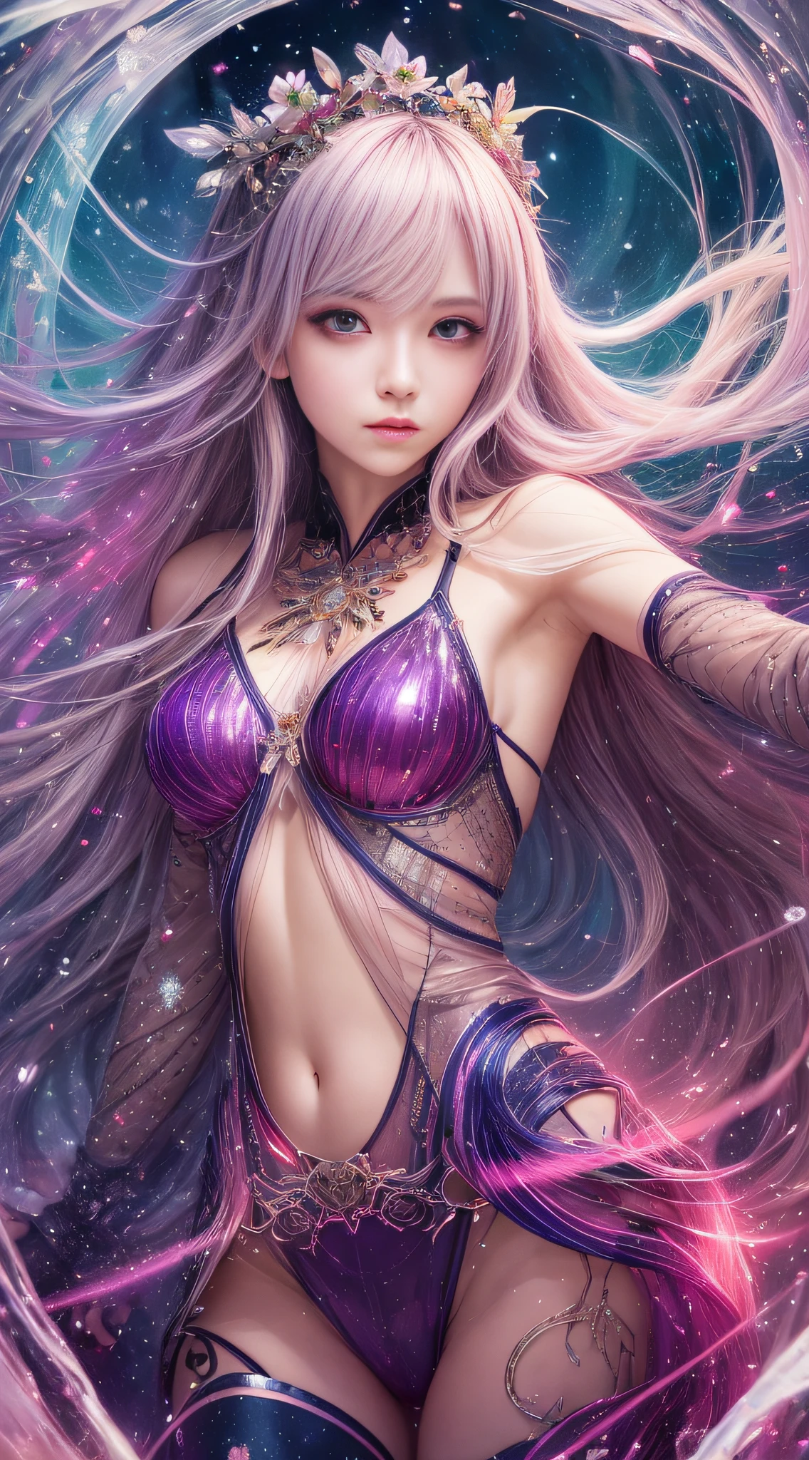 Beautiful girl story wrapped in love, Beautiful eye details, A captivating anime girl gracefully emerges from the pages of a watercolor painting, Her vivid and complex colors are, Bring your artwork to life, (see-through transparent clothes, Transparent costume:1.5), She dons an extraordinary fantasy costume adorned with delicate details, reflecting the enchanting world she inhabits, Luminescent elements, like glowing crystals and ethereal wisps, surround her, casting a soft, otherworldly glow, The style of watercolor painting is、Imbues the image with a sense of fluidity and delicacy, as if the colors are effortlessly blending and bleeding into one another, Camera shot: medium shot, Soft Focus, Luminescent glow illumination, watercolor brushstrokes, Sophisticated and very delicate anime illustration, unique colors, Portrait of an anime girl, infinite love, Irridescent color, beautiful girl illuminated by seven colors of light,