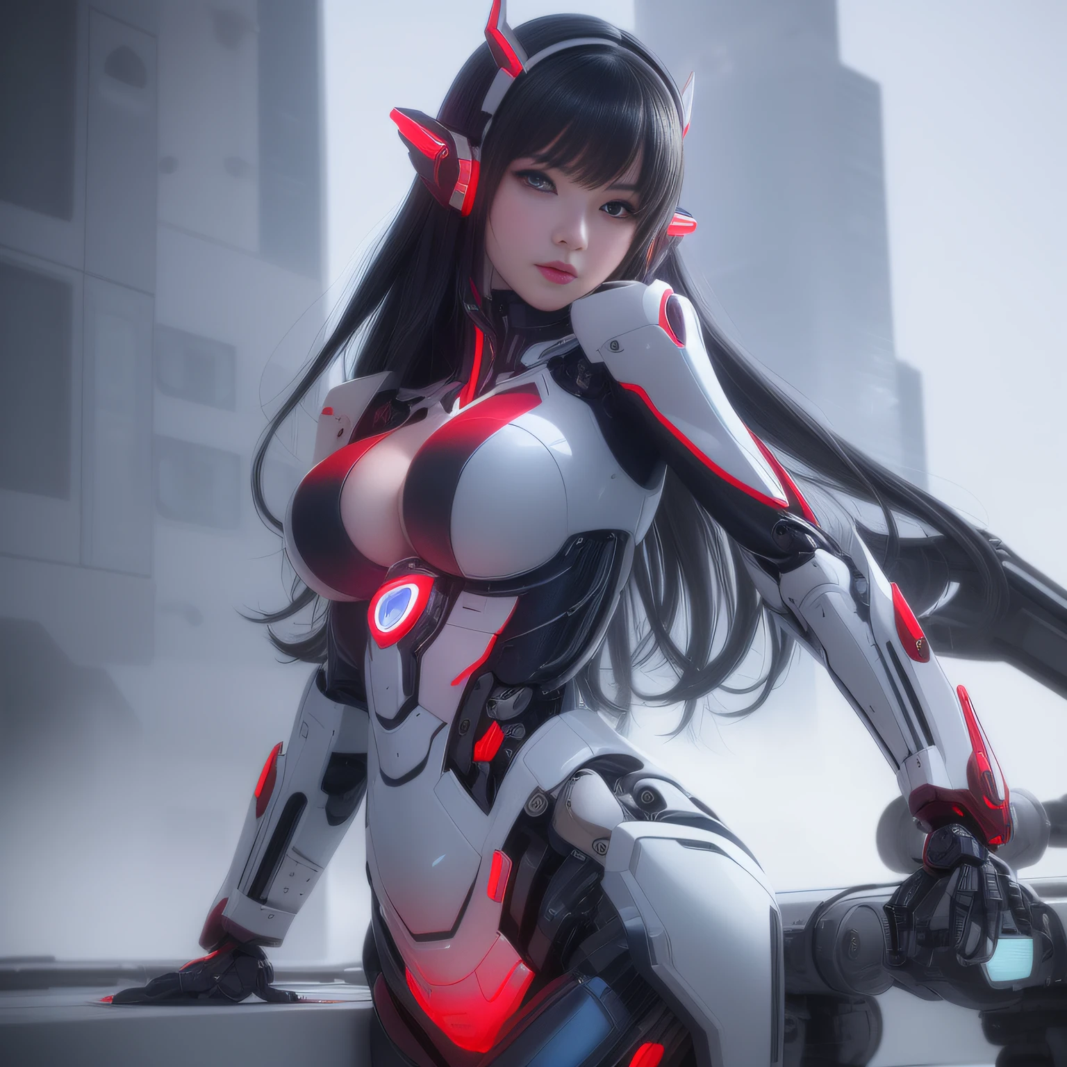 Highest quality, outstanding detail, super high resolution, (realism: 1.4), best illustration, favor details, close-up, a mecha girl, with a delicate and beautiful face, ((red and white semi-mechanical body: 1.8)), (big breasts: 1.2), sexy, cleavage, bed, frontal, cyberpunk, futuristic, mechanical aesthetics, complex machinery, background is a high-tech lighting scene of the futuristic city, virtual engine 5, perfect detail rendering, octane rendering, ultra HD