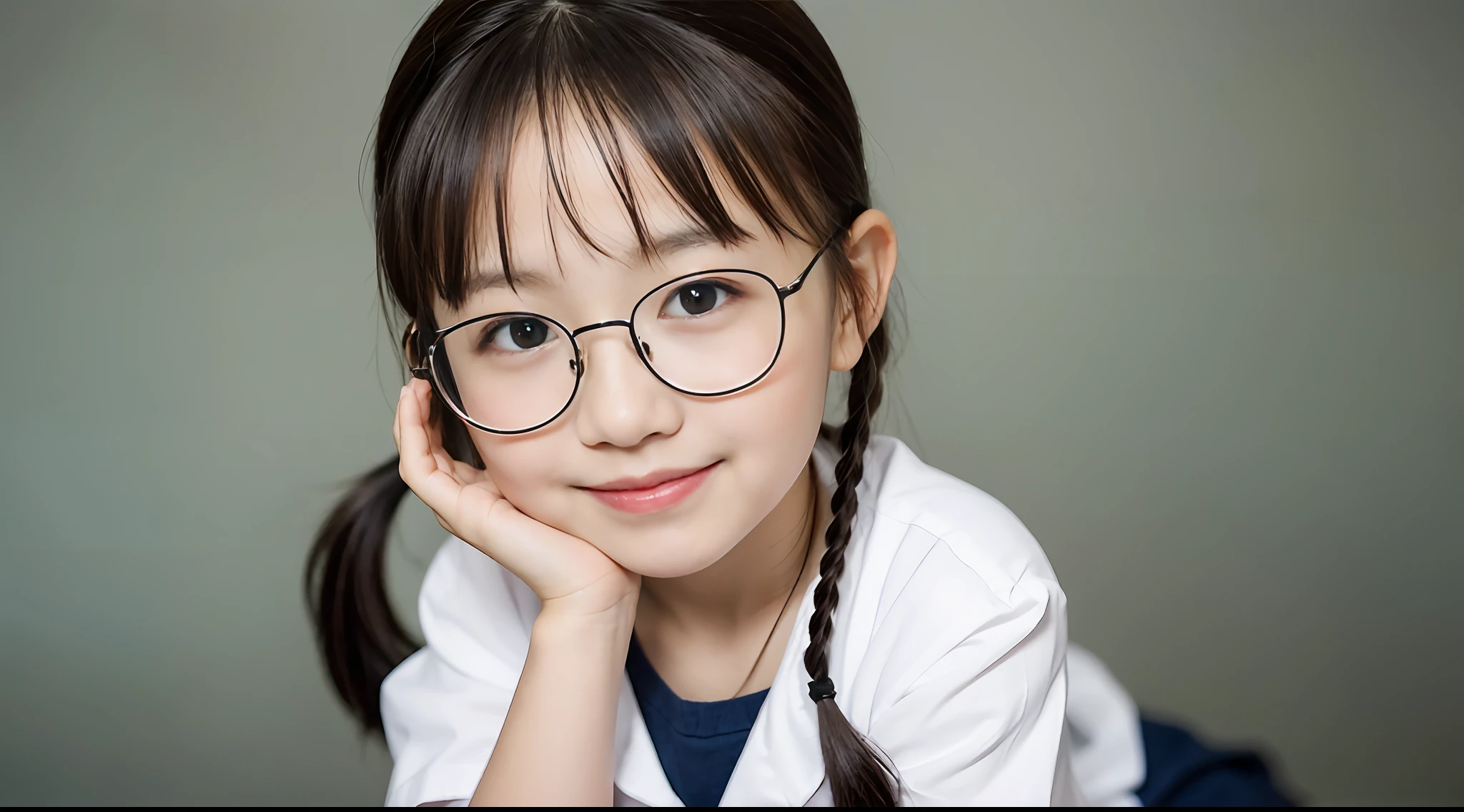 real photograph，A cute little girl 8 years old，pony tails，Wearing black-framed glasses，校服，ssmile，studio photoshoot，Professional lighting，one color background