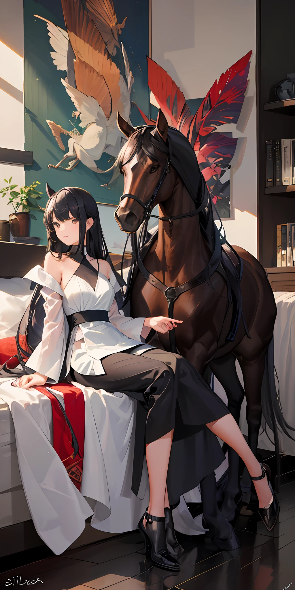 quadratic element,dual horsetail,Long legs,Black and white silk,silber hair