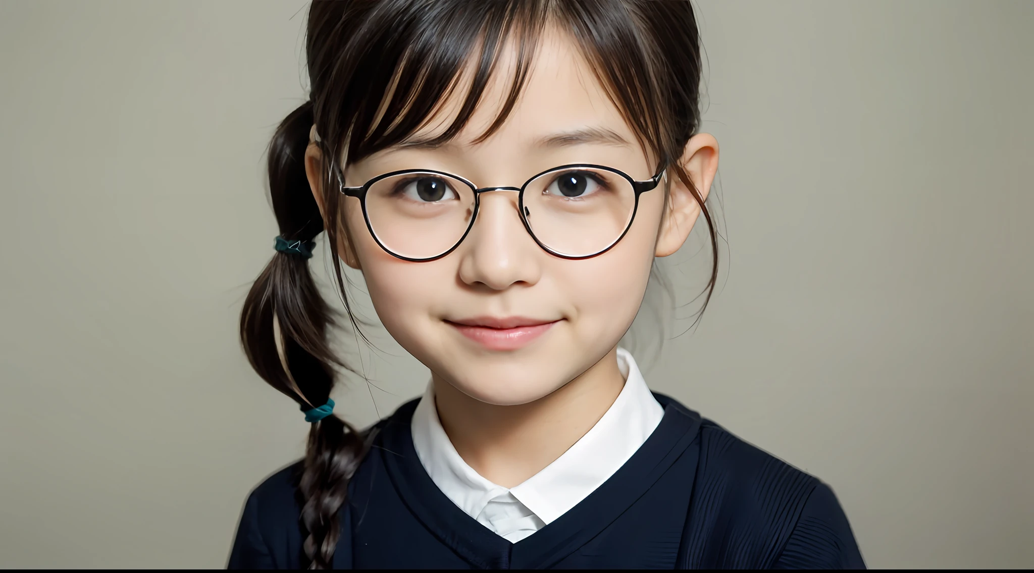 real photograph,A cute girl 8 years tails,Wearing black-framed glasses,校服,ssmile,studio photoshoot,Professional lighting,one color background