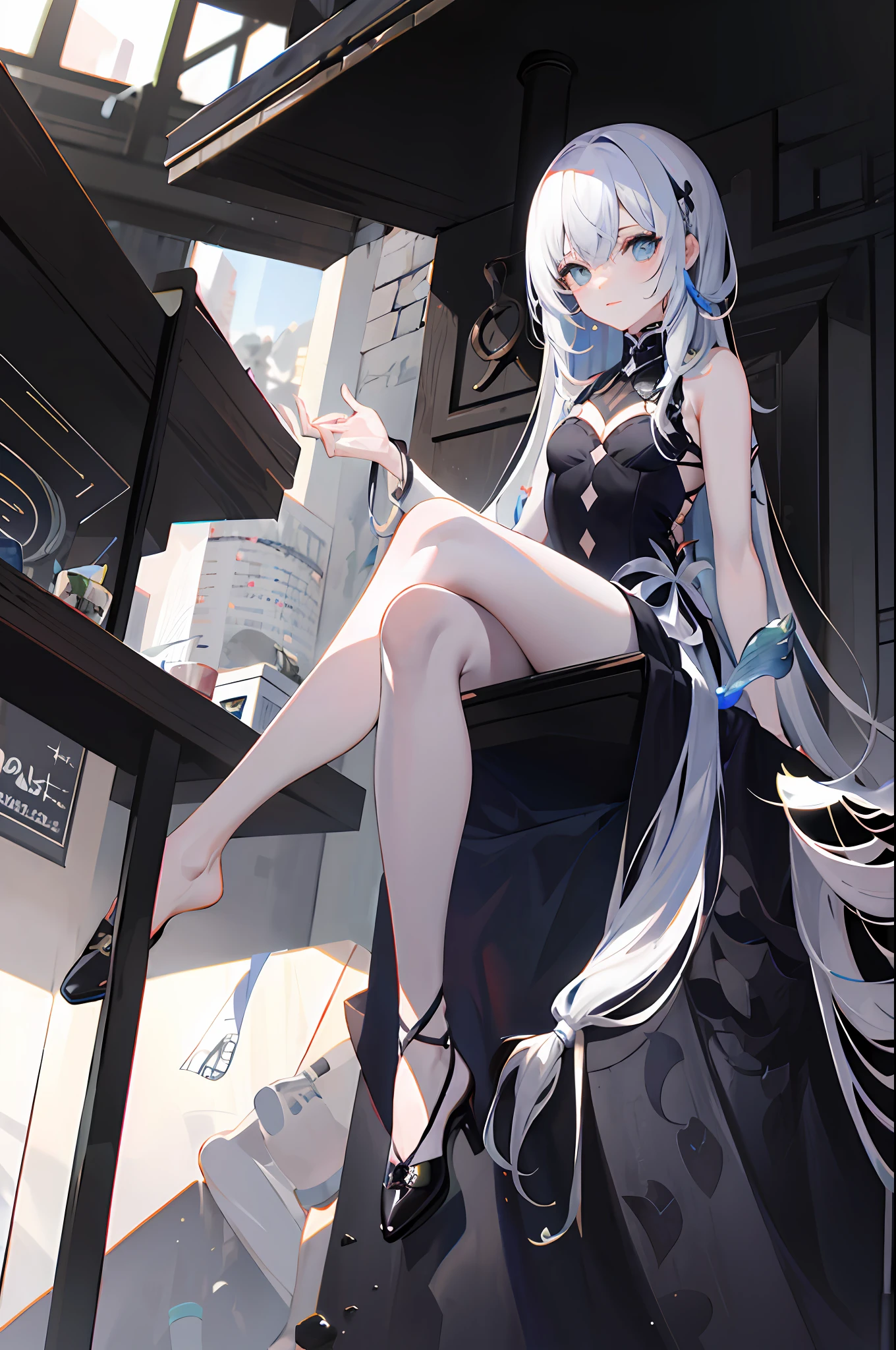 quadratic element，dual horsetail，Long legs，Black and white silk，silber hair
