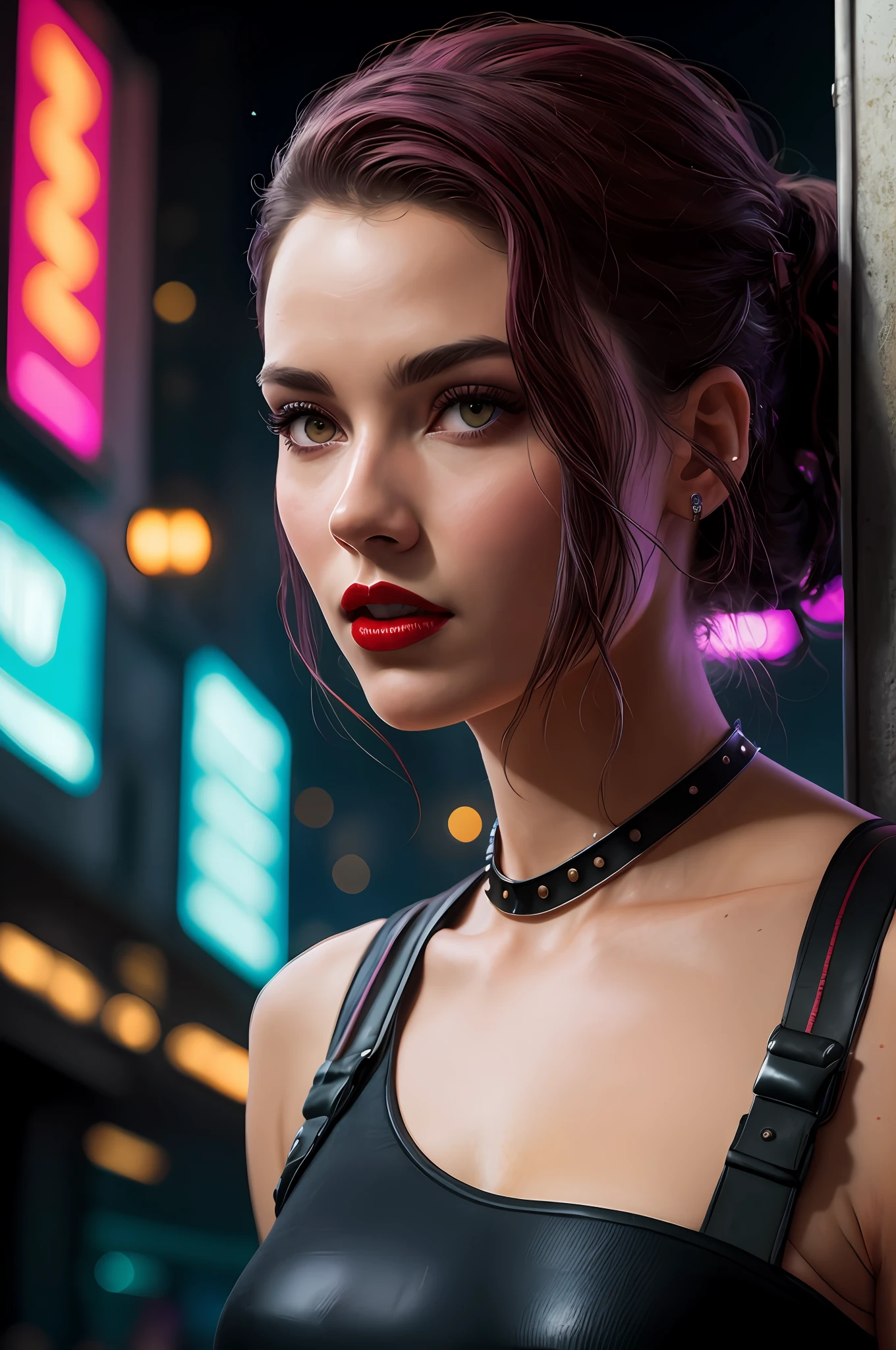 Close-up, neve, blade runner aesthetics, cena de blade runner, uma supermodelo muito bonita, louro, com quadris muito largos e cintura estreita, full lips, cintura pequena e quadris grandes, Red lipstick, com roupas cyberpunk em uma cidade cyberpunk movimentada com placas de neon, neon lights, foco nítido, Studio photo, detalhes intrincados, altamente detalhado, profundidade de campo, foco nítido, High detail, textura de pele realista, Realistic, fotorrealista, Arte Digital, tinta escura, Directed by: Greg Rutkowski