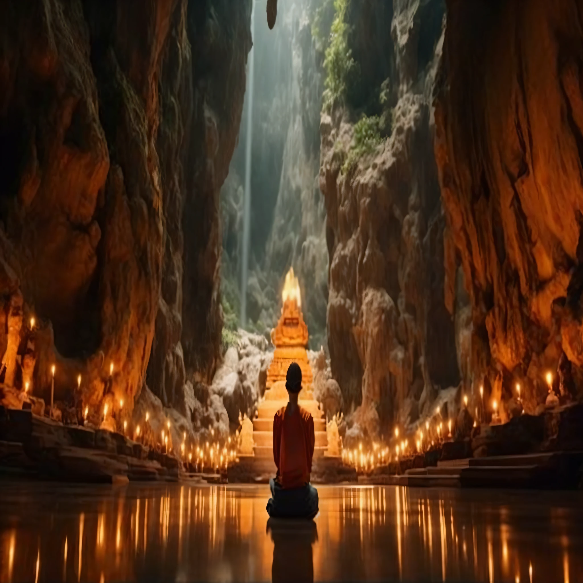 a person sitting in a cave with candles lit up, hindu stages of meditation, monk meditate, meditating, a mystical temple, praying meditating, buddhist monk meditating, floating in a powerful zen state, glowing temple in the distance, buddhism, meditation, buddhist, in a cave with the waterfall, mystical setting, underground temple, mysterious temple setting, magical environment, thailand