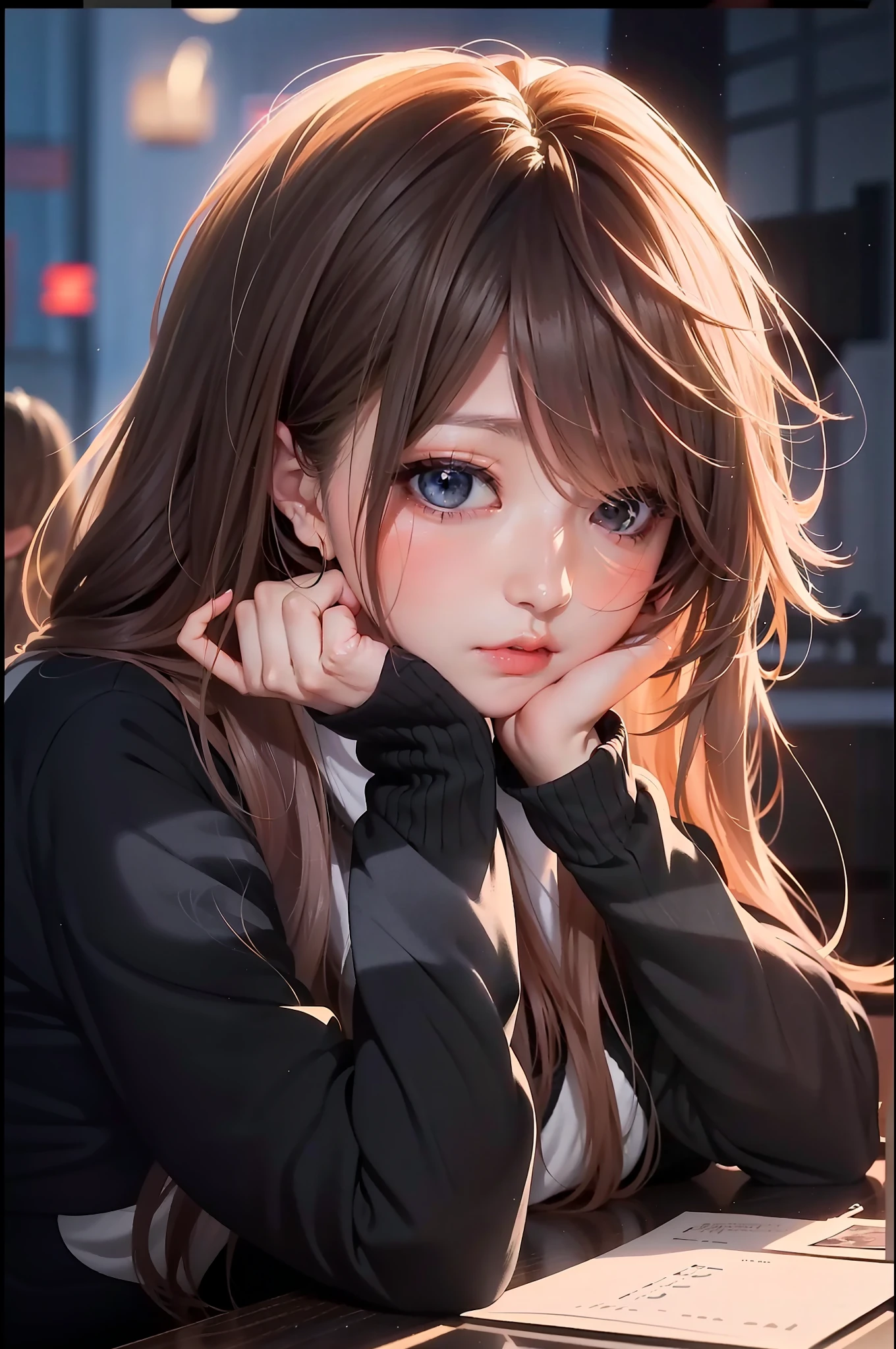 Anime girl with long hair sitting at table with a cup of coffee, (Anime girl), Cute anime girl, extremely cute anime girl face, portrait anime girl, a beautiful anime portrait, Cute anime girl portrait, Anime girl with long hair, anime moe art style, nightcore, anime visual of a cute girl, cute anime girl portraits, cute anime face