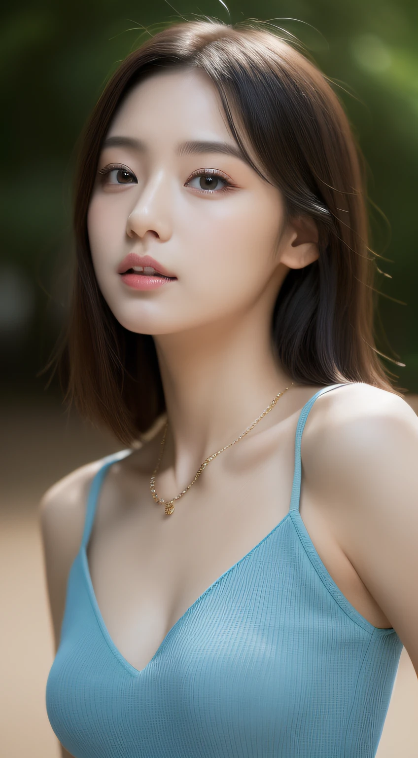 (8K、Raw photography、top-quality、​masterpiece:1.2)、(realisitic、Photorealsitic:1.37)、ultra-detailliert、超A high resolution、(Solo Japan Women)、18 Year Old Woman、(with round face)、long eyeslashes、Beautiful black eyes、natural make up、large full breasts、Blue Color Dresses、（very short bobbed hair）、a necklace、Poses in motion