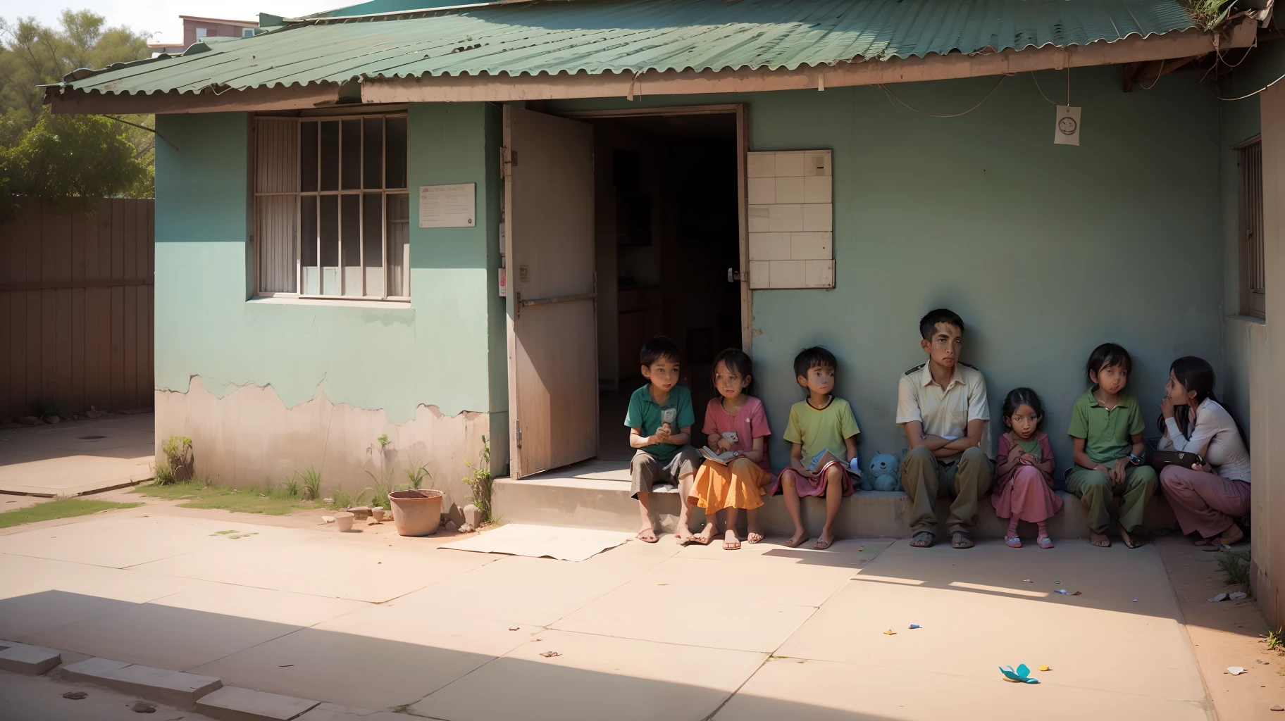 An orphanage building, with poor kids outside.