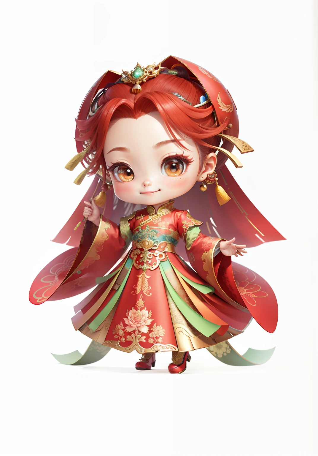 China-style，Chinesedress，Chinese shoes，The mouth smiles，ssmile，8K，best qualtiy，tmasterpiece，ultra - detailed，best qualtiy，超高分辨率，profesional lighting，photon maping，Radio City，physically-based renderingt，cinmatic lighting，Fine painting，filigree，Refinement，infinite details，Metal details，metalictexture，Three-dimensional metal pattern，Chinese three-dimensional metal texture