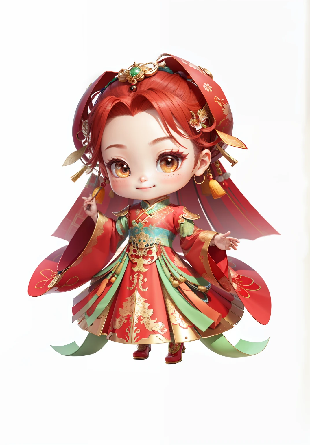 China-style，Chinesedress，Chinese shoes，The mouth smiles，ssmile，8K，best qualtiy，tmasterpiece，ultra - detailed，best qualtiy，超高分辨率，profesional lighting，photon maping，Radio City，physically-based renderingt，cinmatic lighting，Fine painting，filigree，Refinement，infinite details，Metal details，metalictexture，Three-dimensional metal pattern，Chinese three-dimensional metal texture